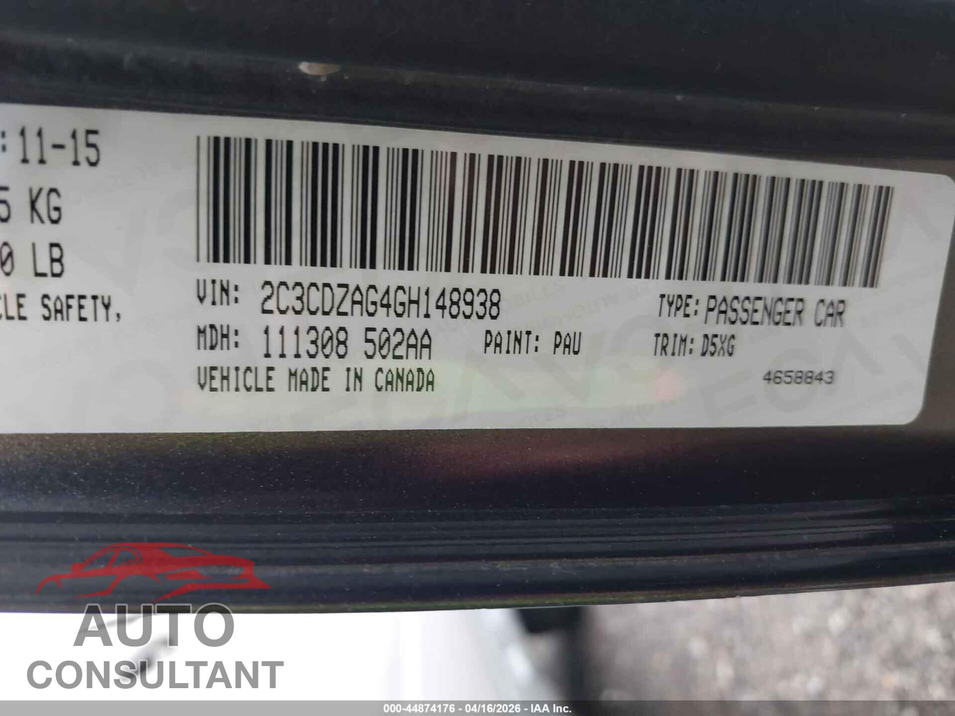 DODGE CHALLENGER 2016 - 2C3CDZAG4GH148938