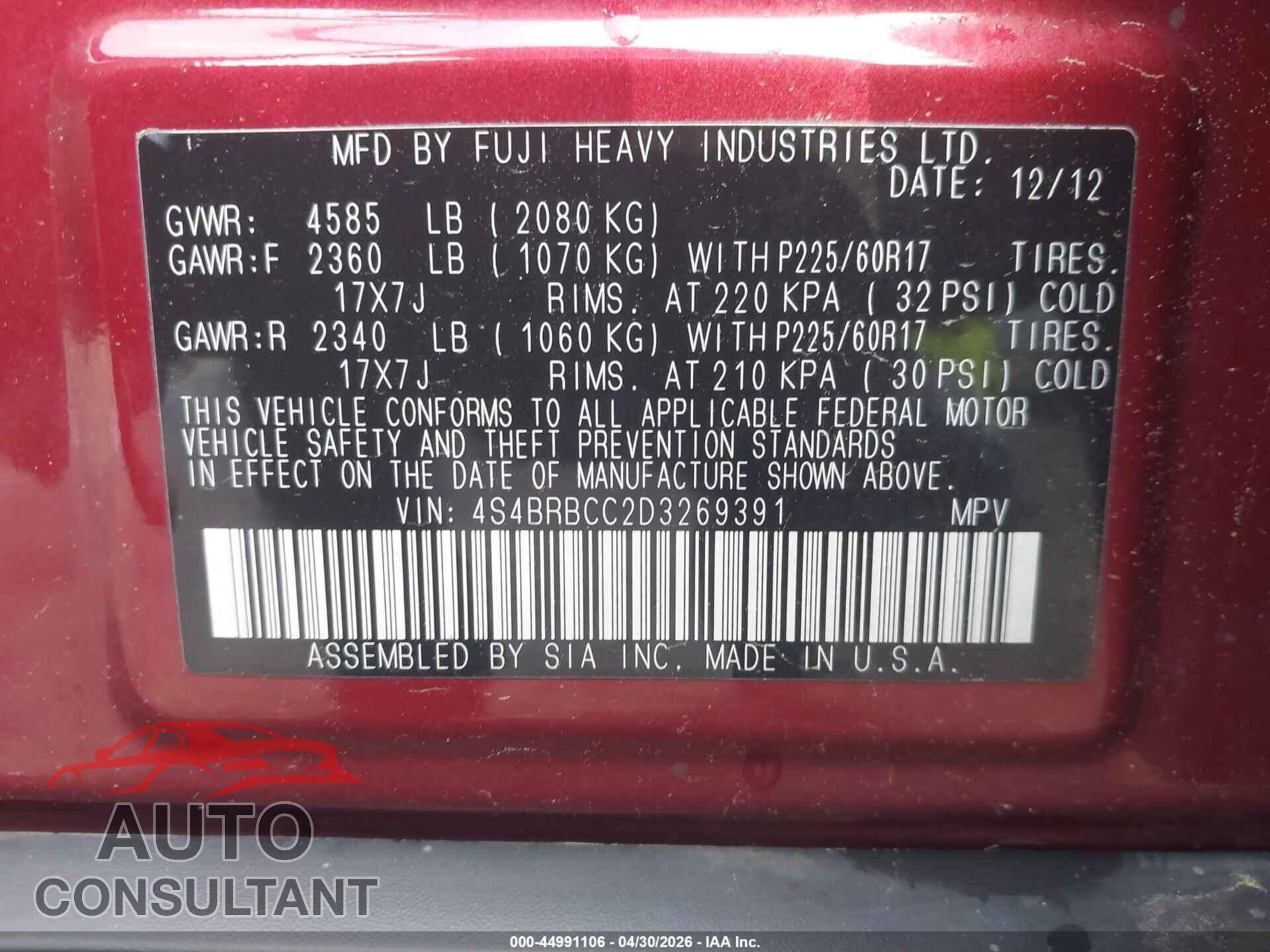 SUBARU OUTBACK 2013 - 4S4BRBCC2D3269391
