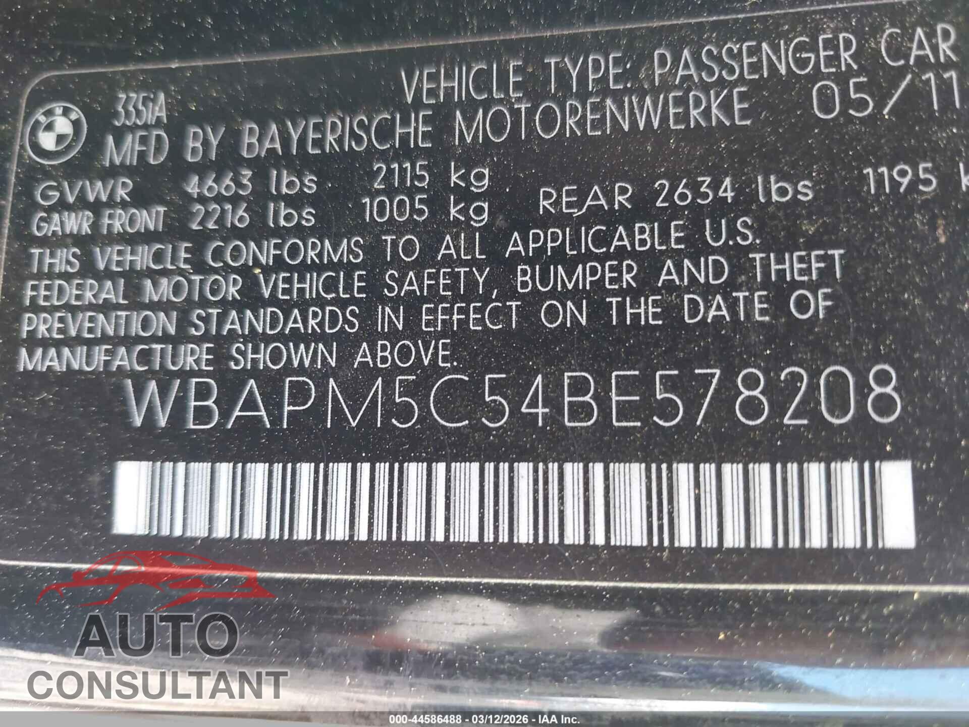 BMW 335I 2011 - WBAPM5C54BE578208