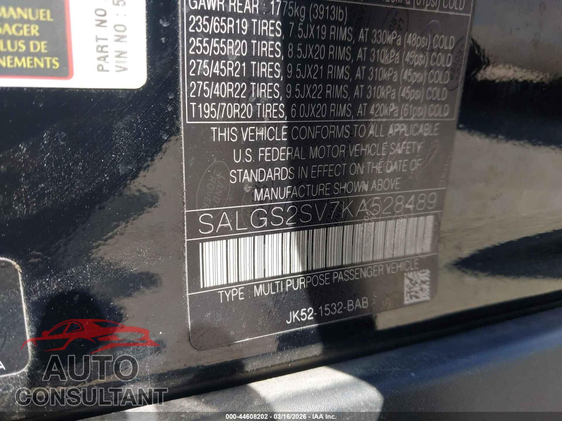 LAND ROVER RANGE ROVER 2019 - SALGS2SV7KA528489