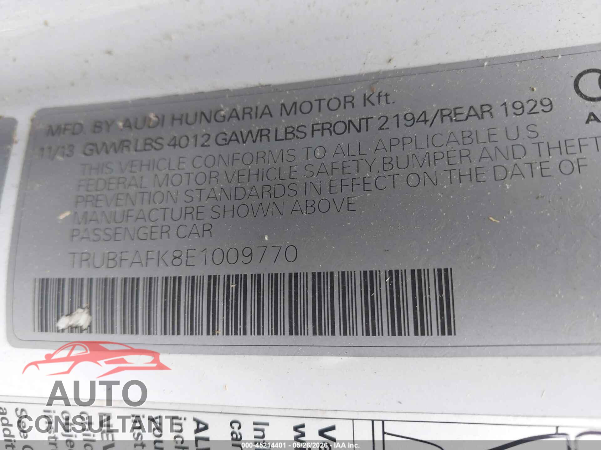 AUDI TT 2014 - TRUBFAFK8E1009770