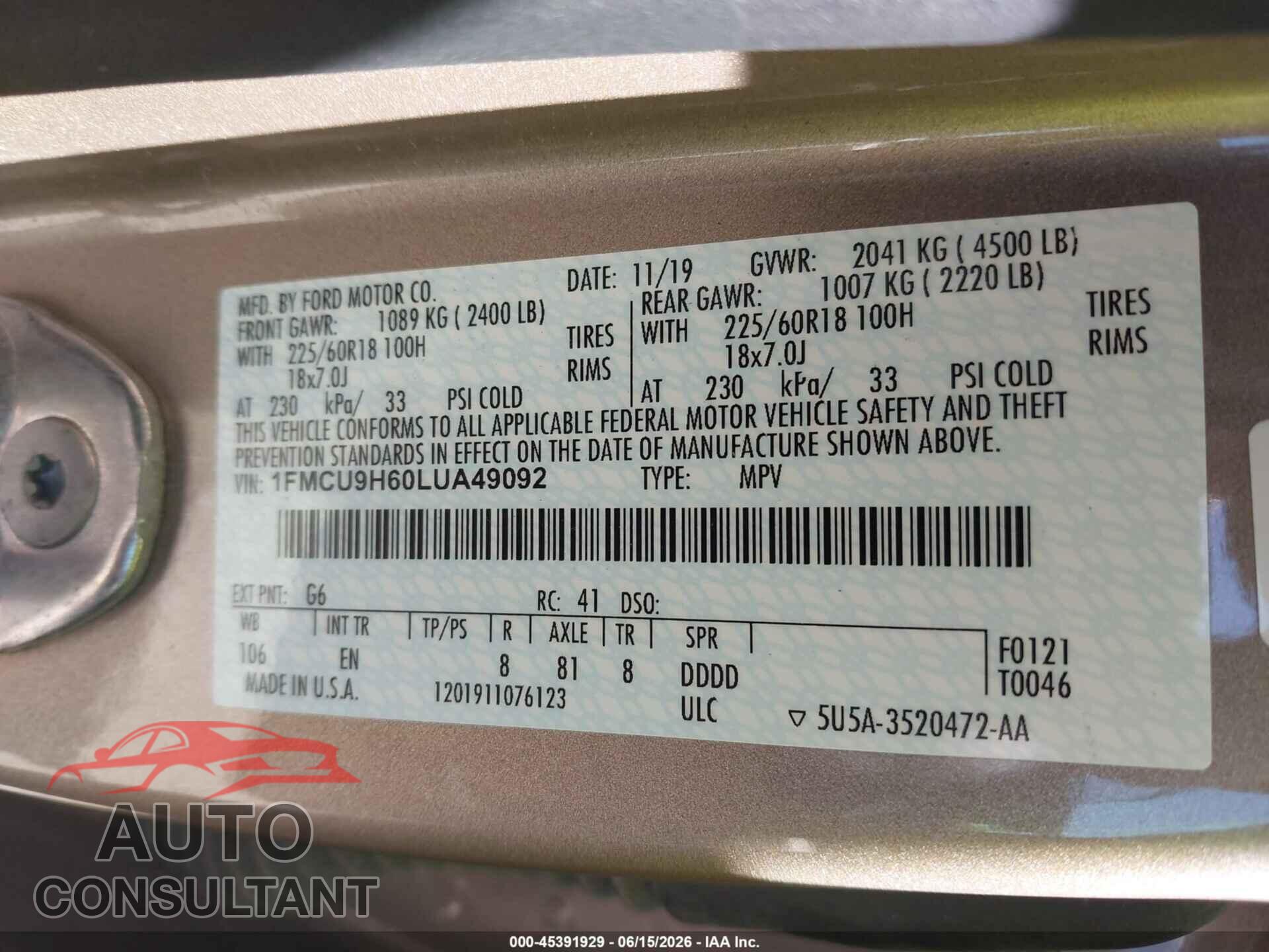 FORD ESCAPE 2020 - 1FMCU9H60LUA49092