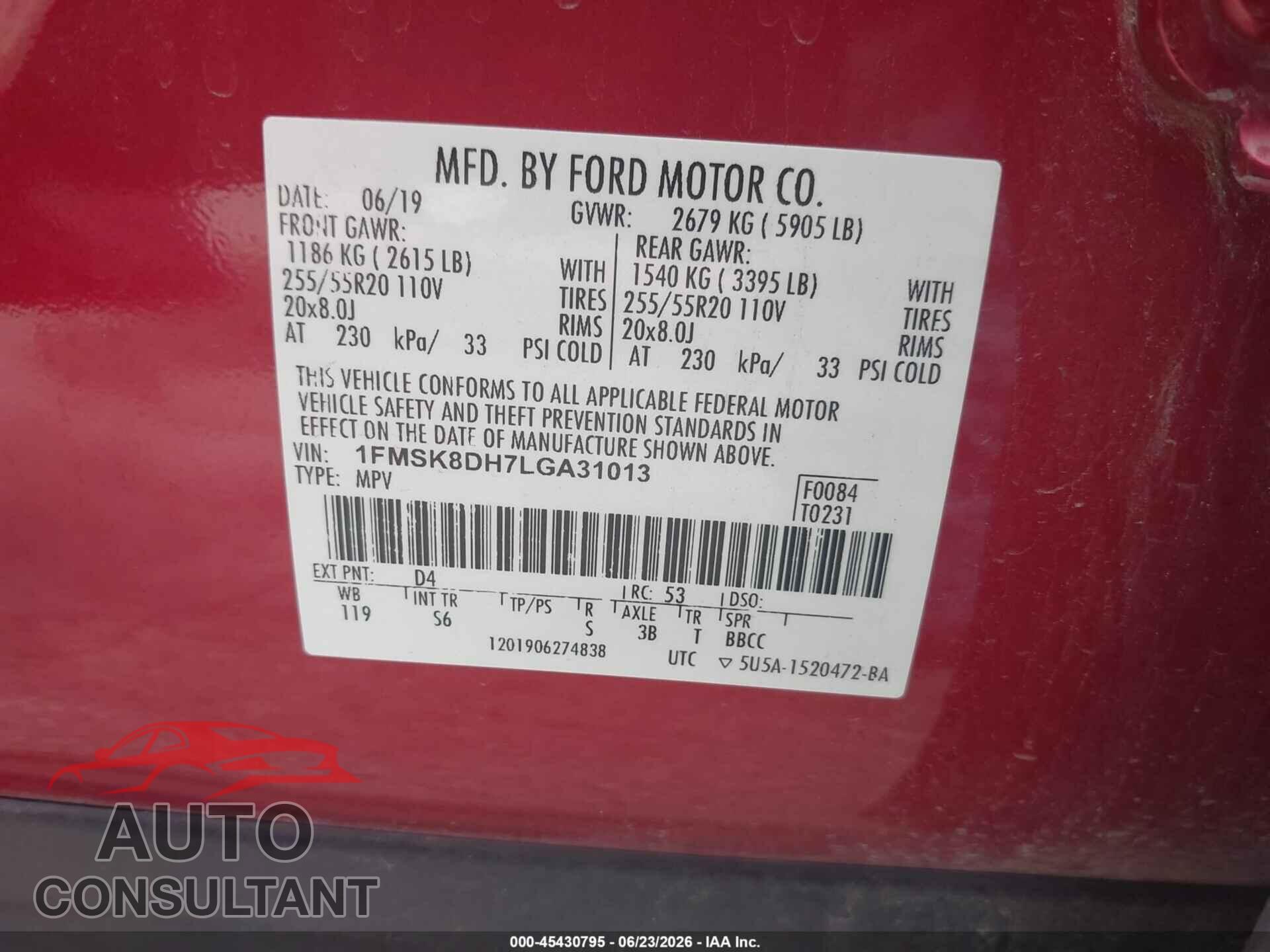 FORD EXPLORER 2020 - 1FMSK8DH7LGA31013