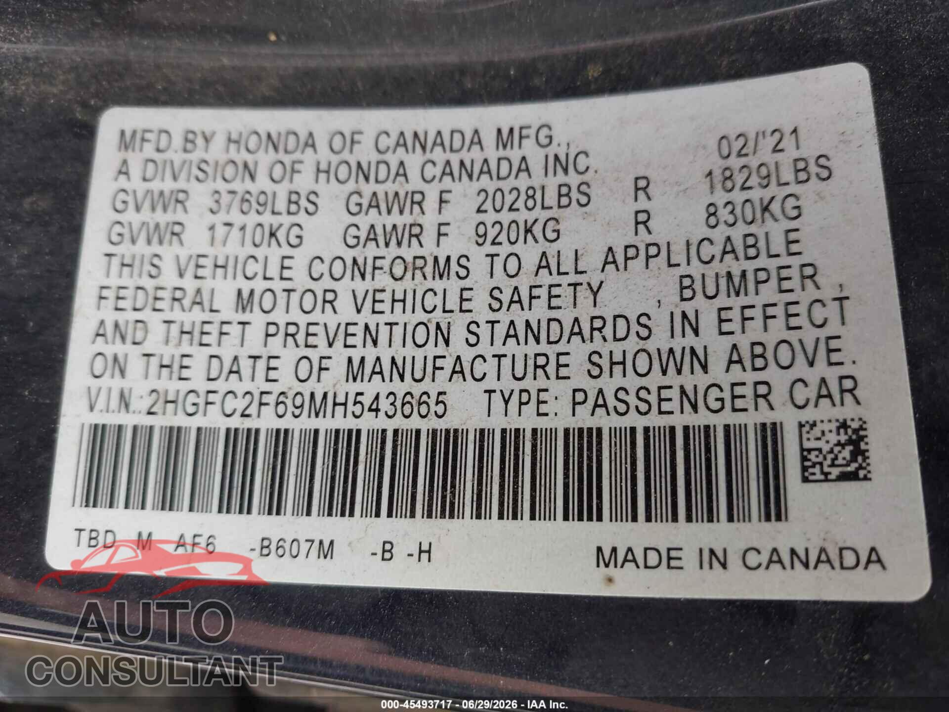 HONDA CIVIC 2021 - 2HGFC2F69MH543665