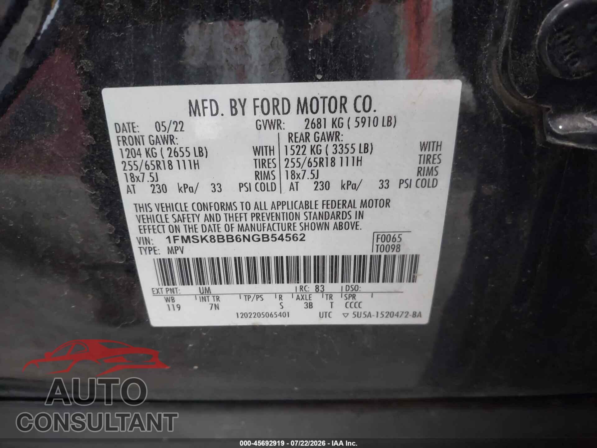 FORD EXPLORER 2022 - 1FMSK8BB6NGB54562