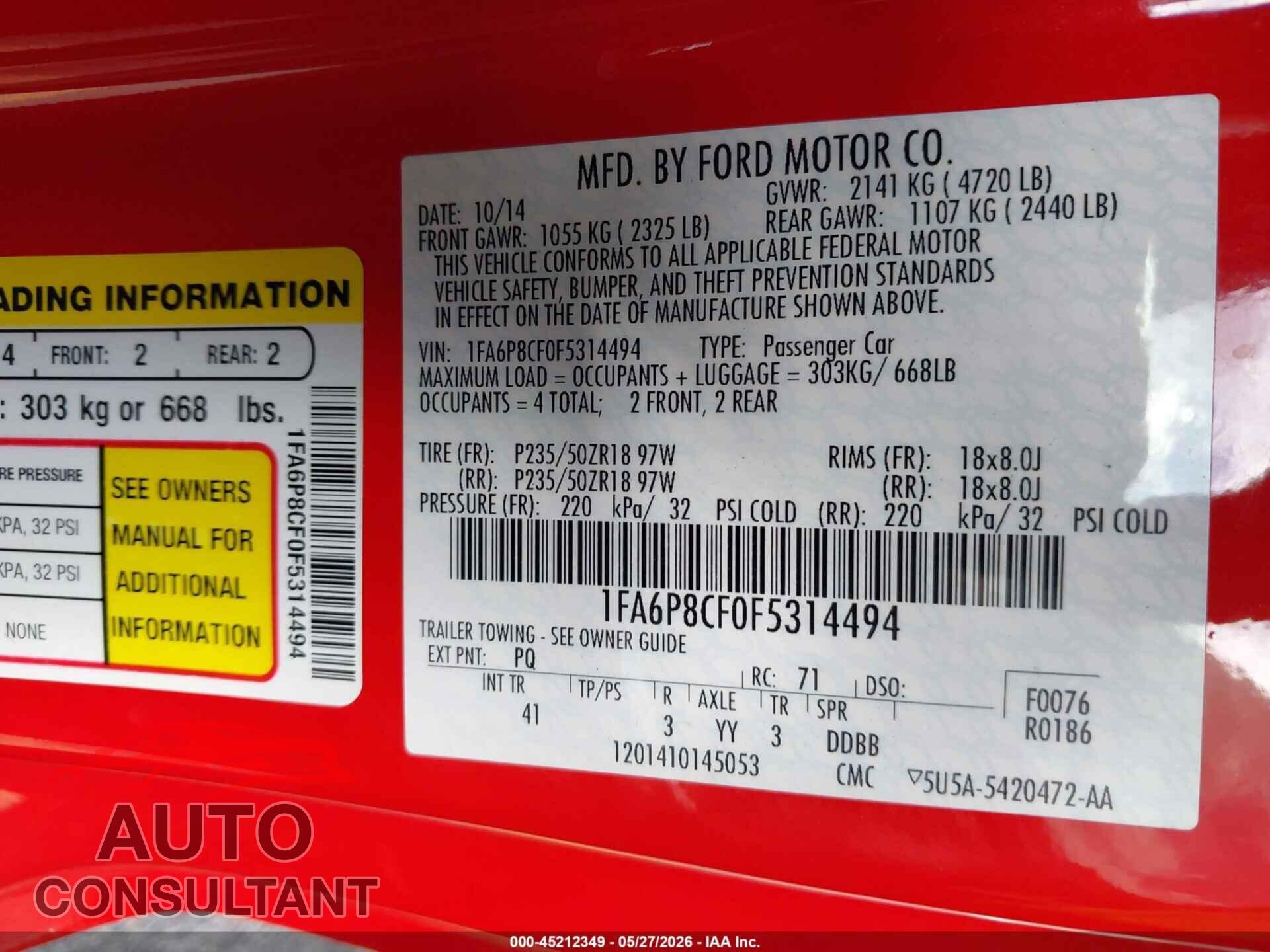 FORD MUSTANG 2015 - 1FA6P8CF0F5314494