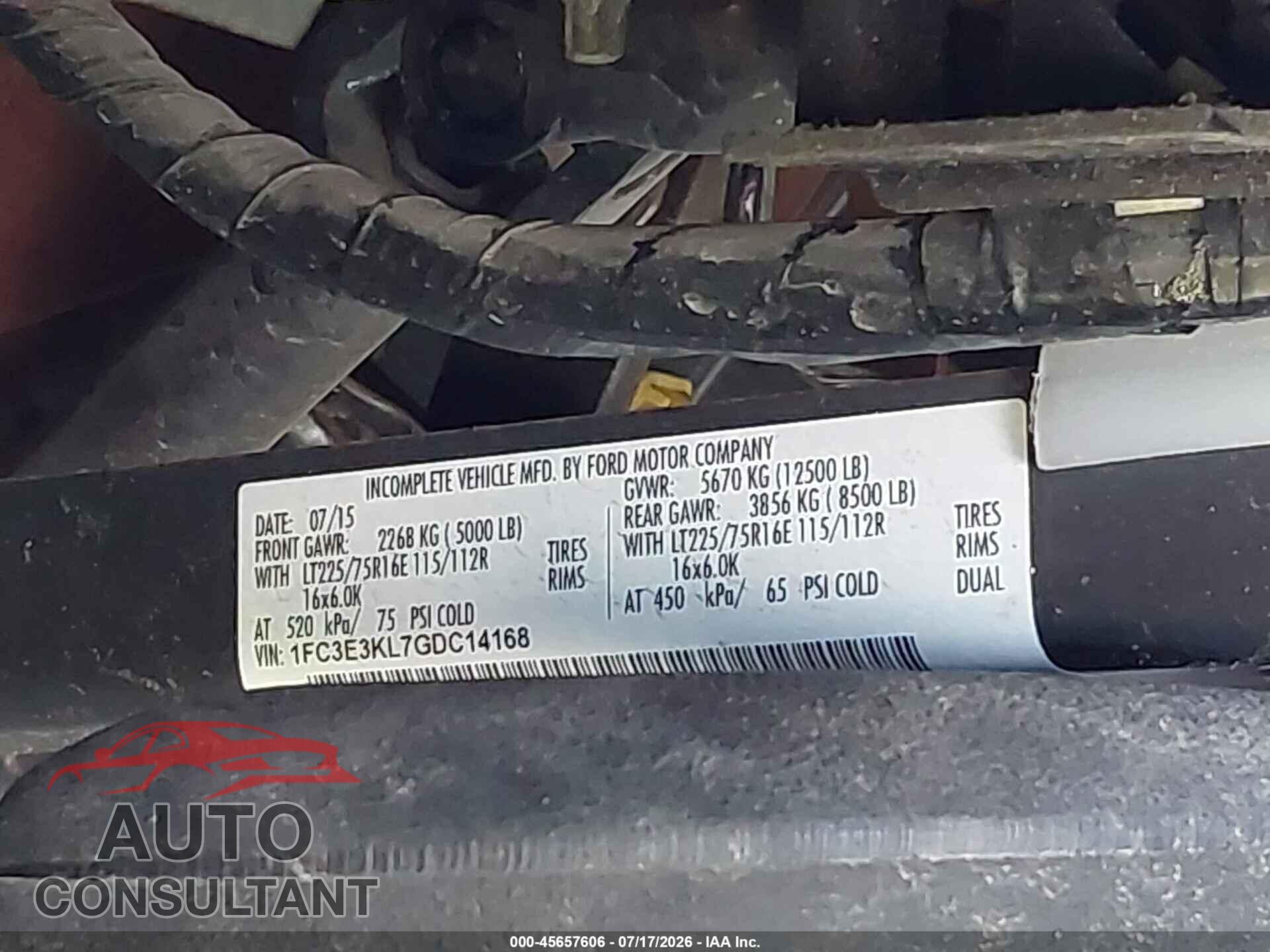 FORD E-350 STRIPPED 2016 - 1FC3E3KL7GDC14168