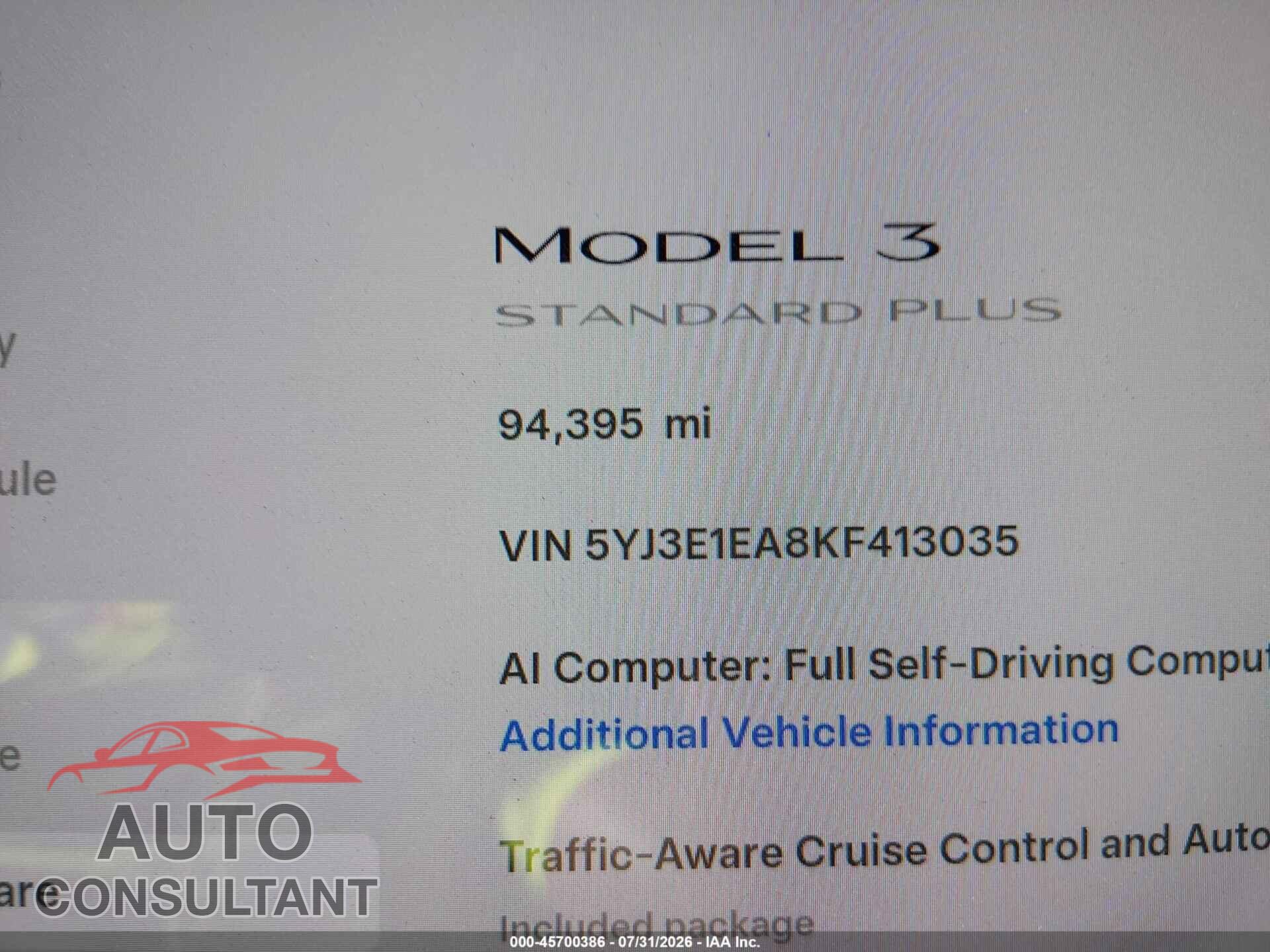 TESLA MODEL 3 2019 - 5YJ3E1EA8KF413035