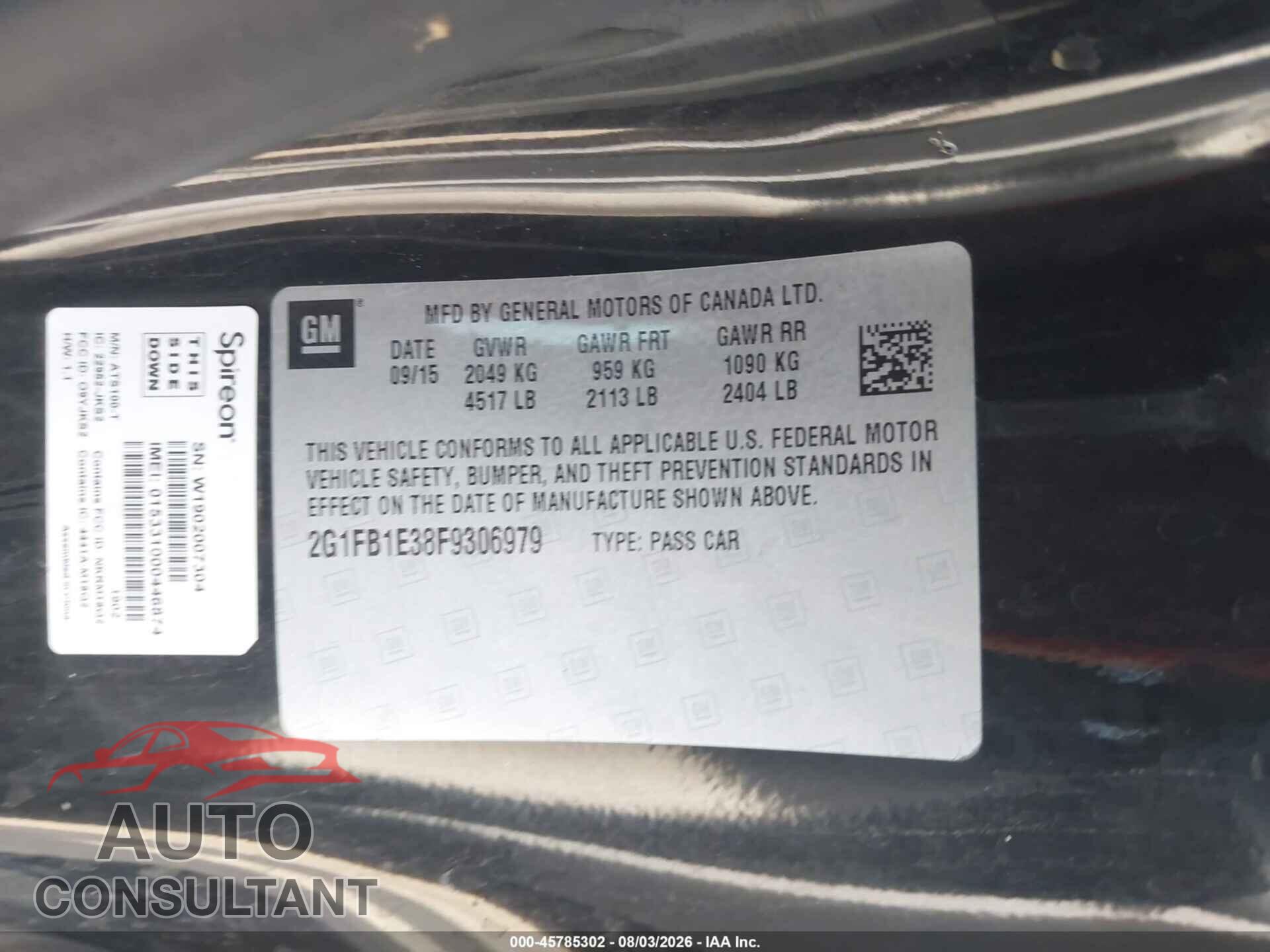 CHEVROLET CAMARO 2015 - 2G1FB1E38F9306979
