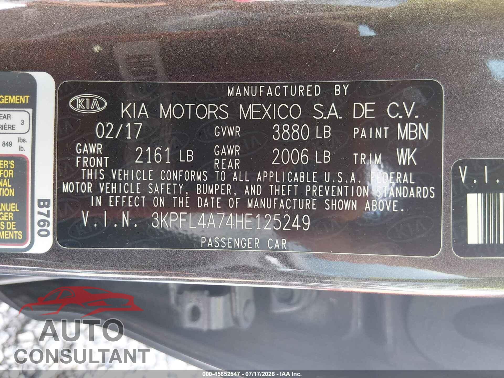 KIA FORTE 2017 - 3KPFL4A74HE125249