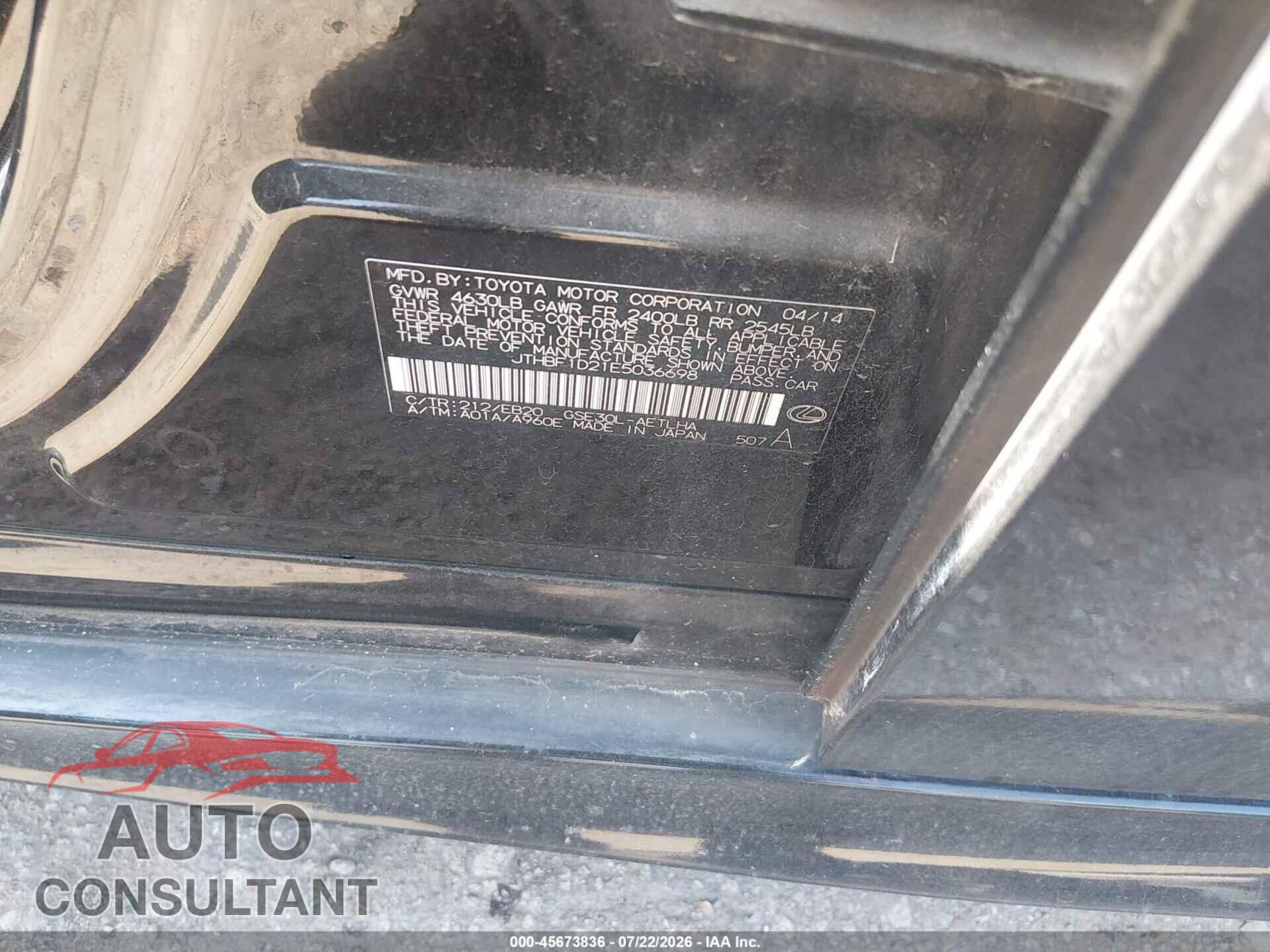 LEXUS IS 250 2014 - JTHBF1D21E5036698