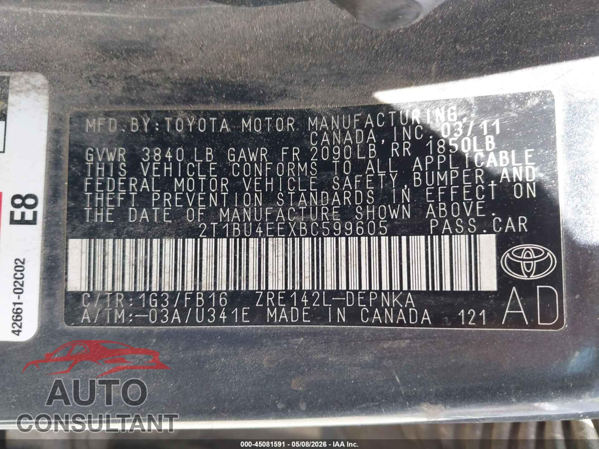 TOYOTA COROLLA 2011 - 2T1BU4EEXBC599605