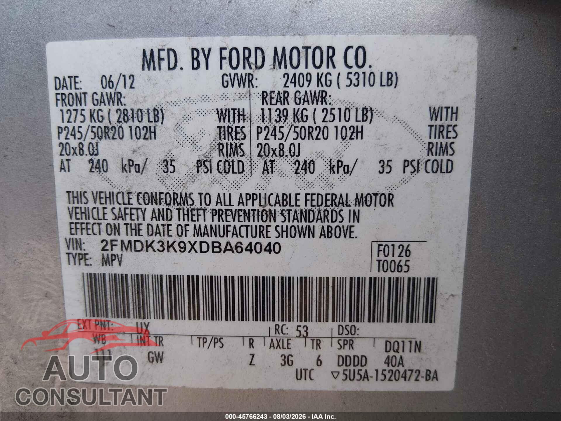 FORD EDGE 2013 - 2FMDK3K9XDBA64040