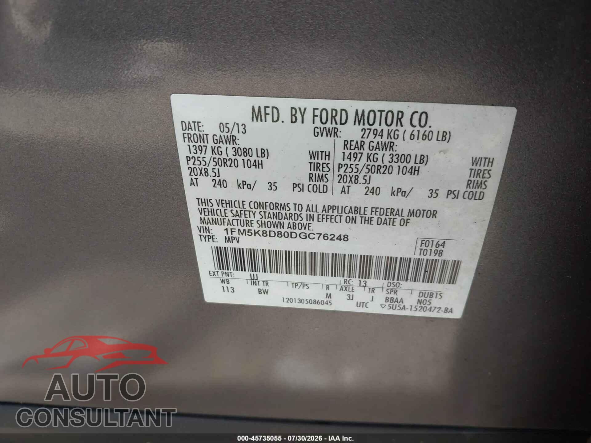 FORD EXPLORER 2013 - 1FM5K8D80DGC76248