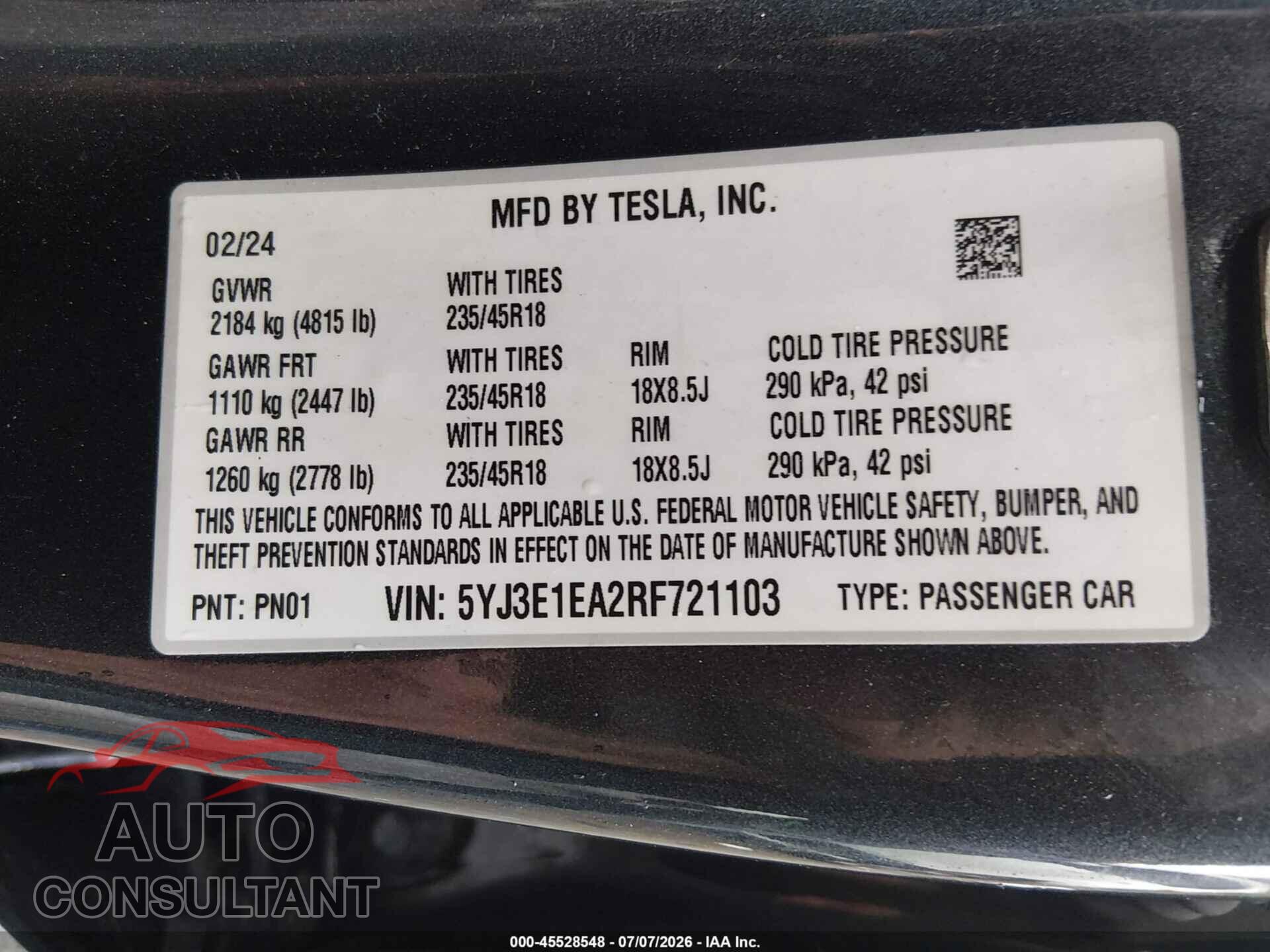 TESLA MODEL 3 2024 - 5YJ3E1EA2RF721103