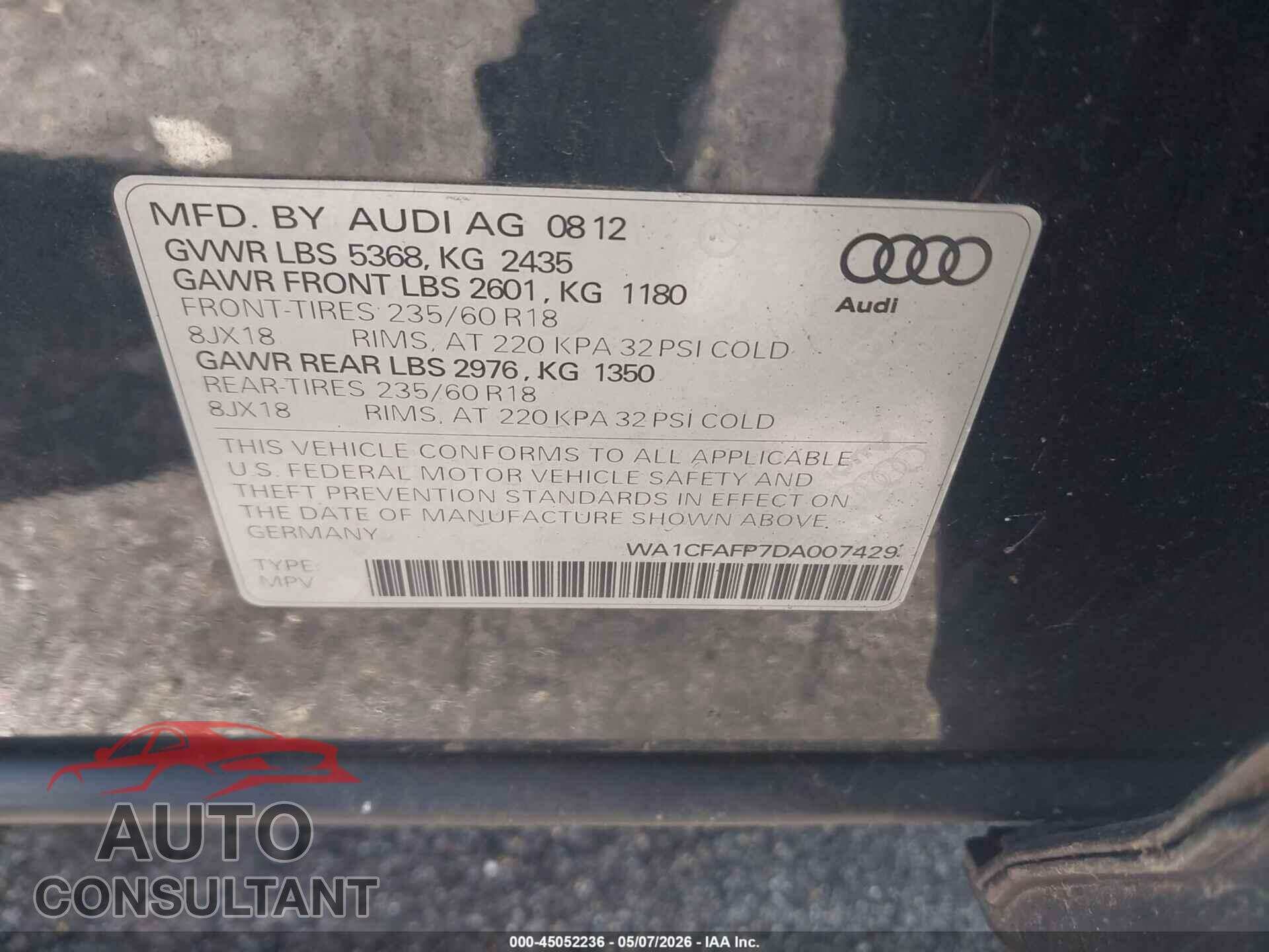 AUDI Q5 2013 - WA1CFAFP7DA007429
