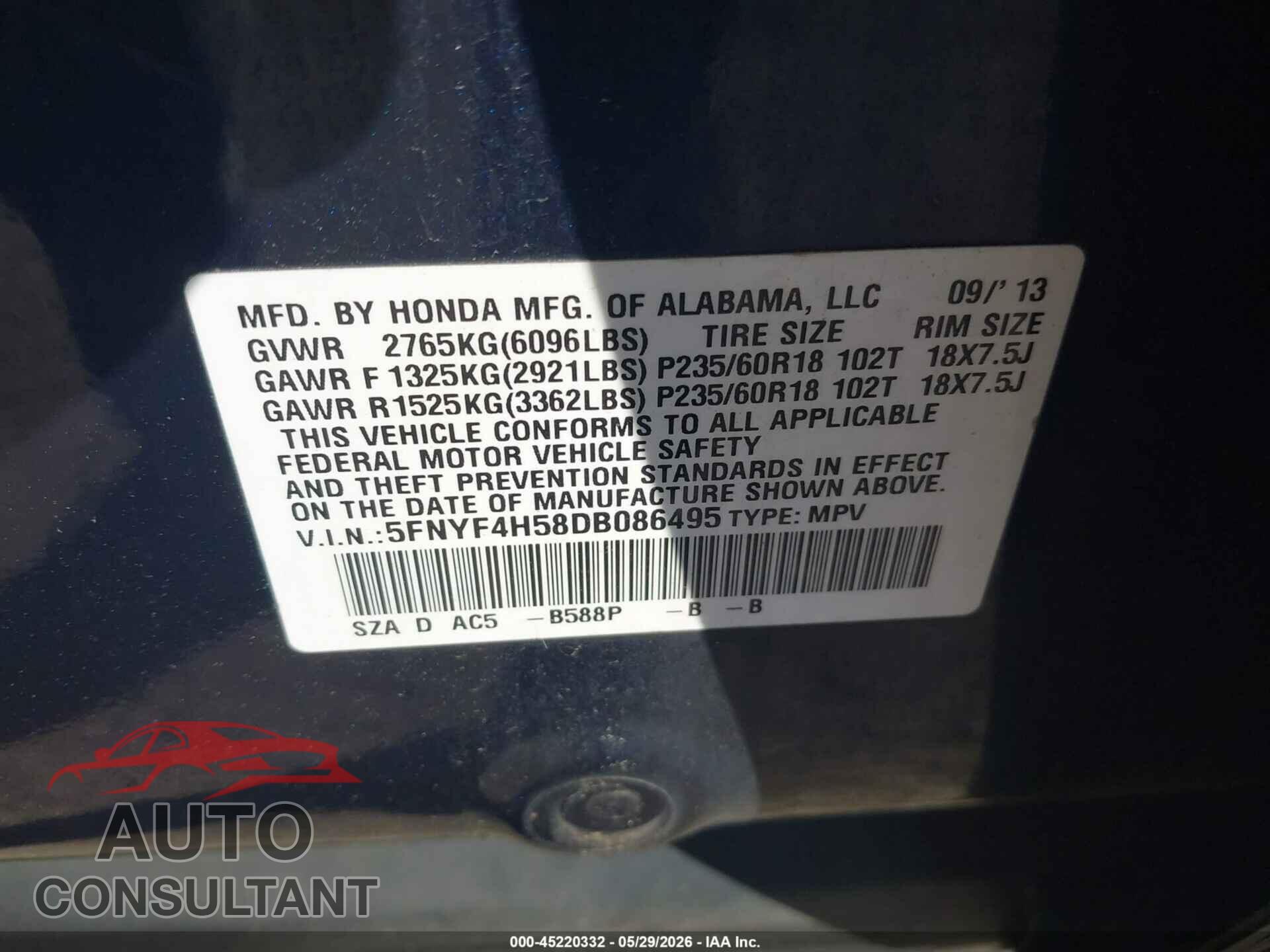 HONDA PILOT 2013 - 5FNYF4H58DB086495
