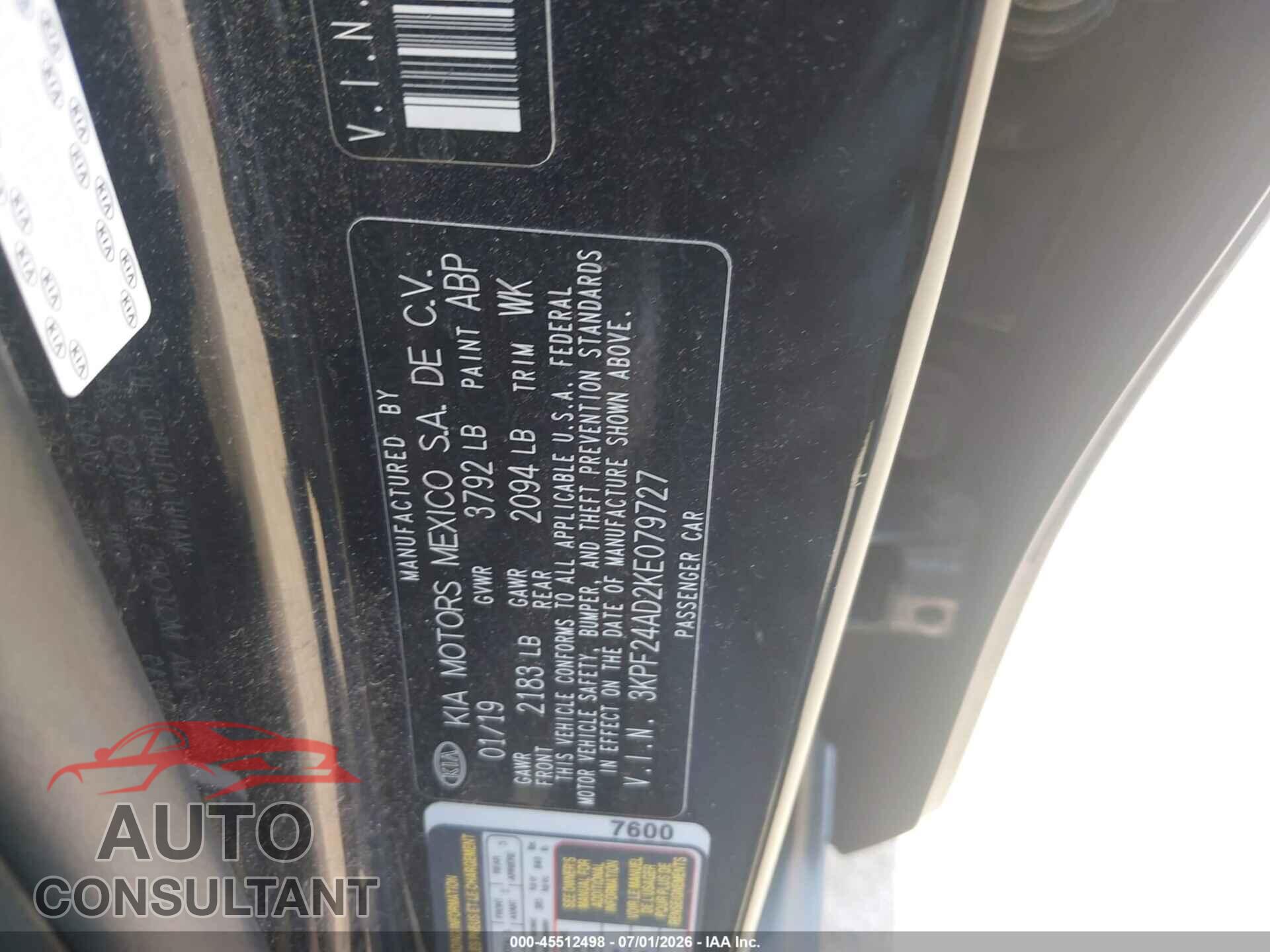 KIA FORTE 2019 - 3KPF24AD2KE079727