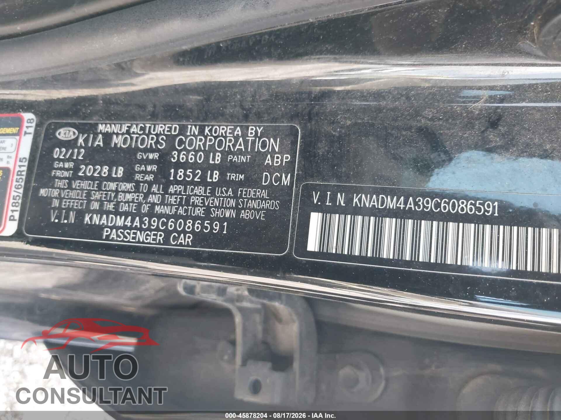 KIA RIO 2012 - KNADM4A39C6086591