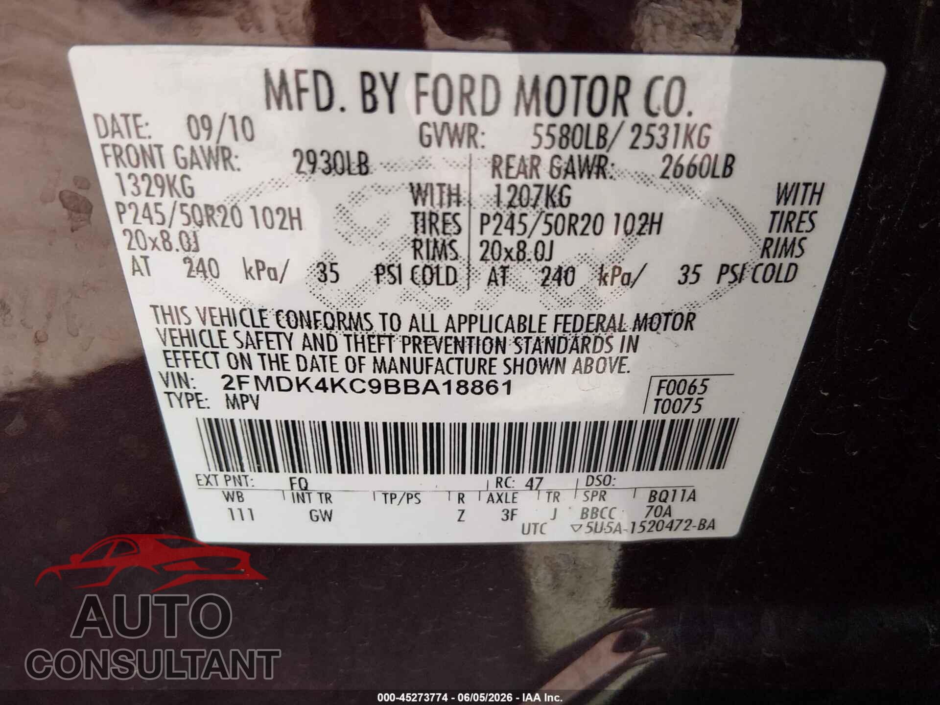 FORD EDGE 2011 - 2FMDK4KC9BBA18861