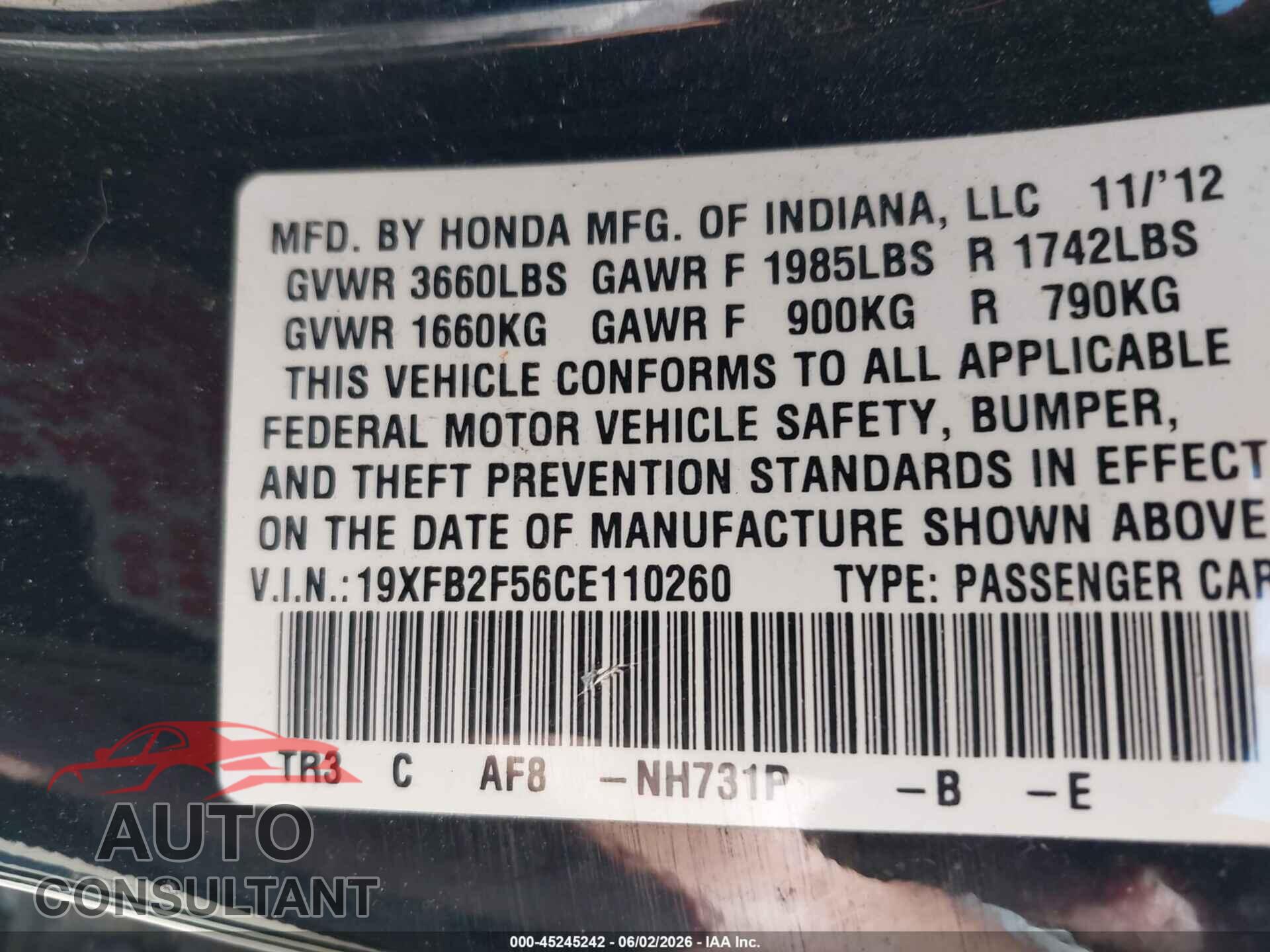 HONDA CIVIC 2012 - 19XFB2F56CE110260