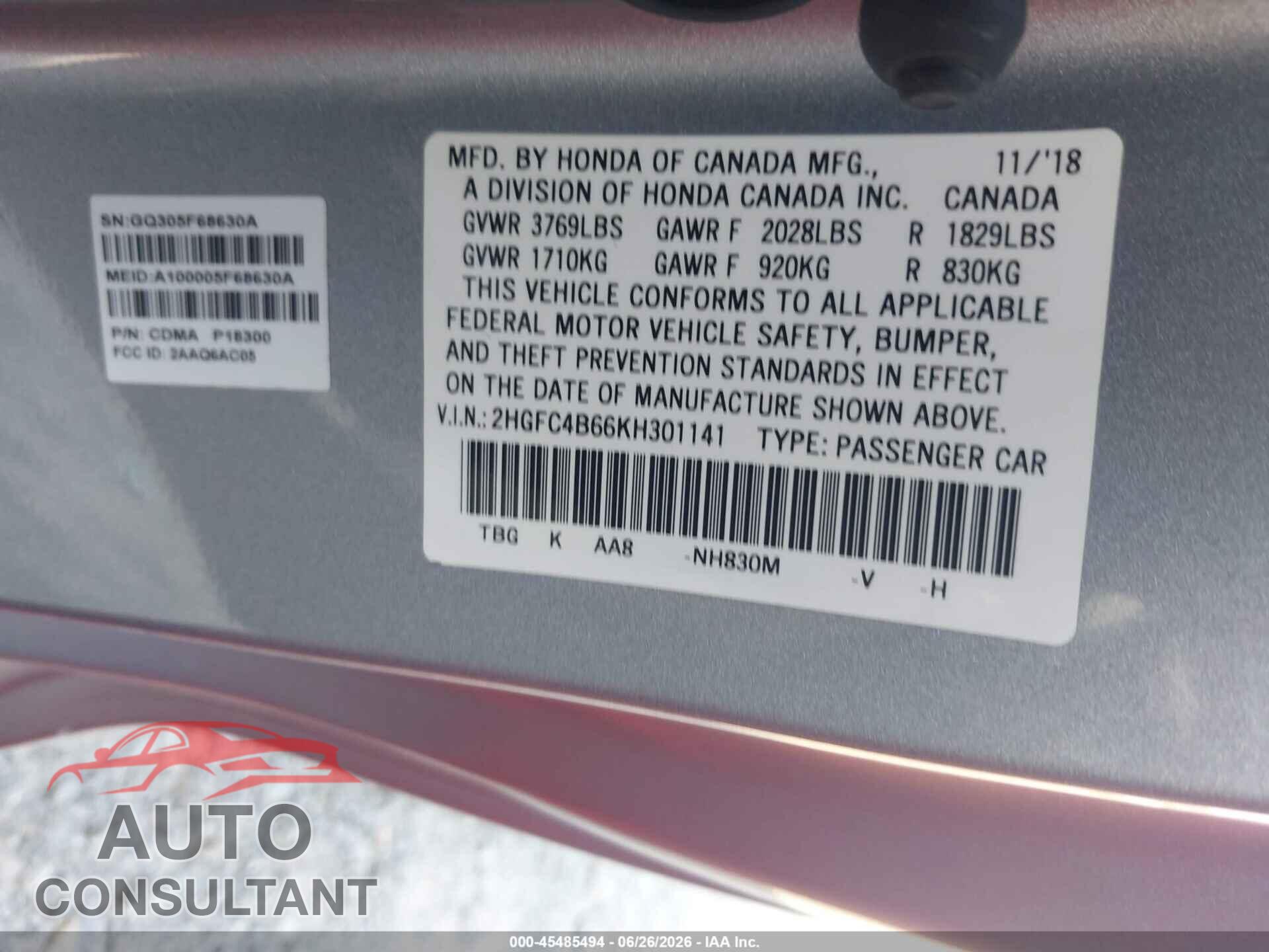 HONDA CIVIC 2019 - 2HGFC4B66KH301141