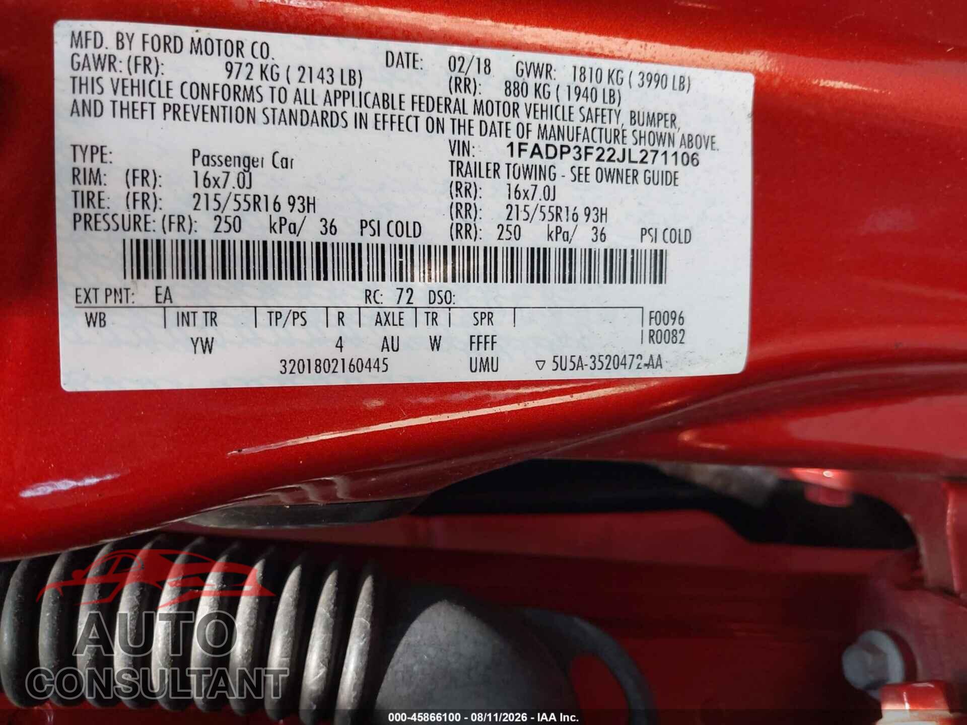 FORD FOCUS 2018 - 1FADP3F22JL271106
