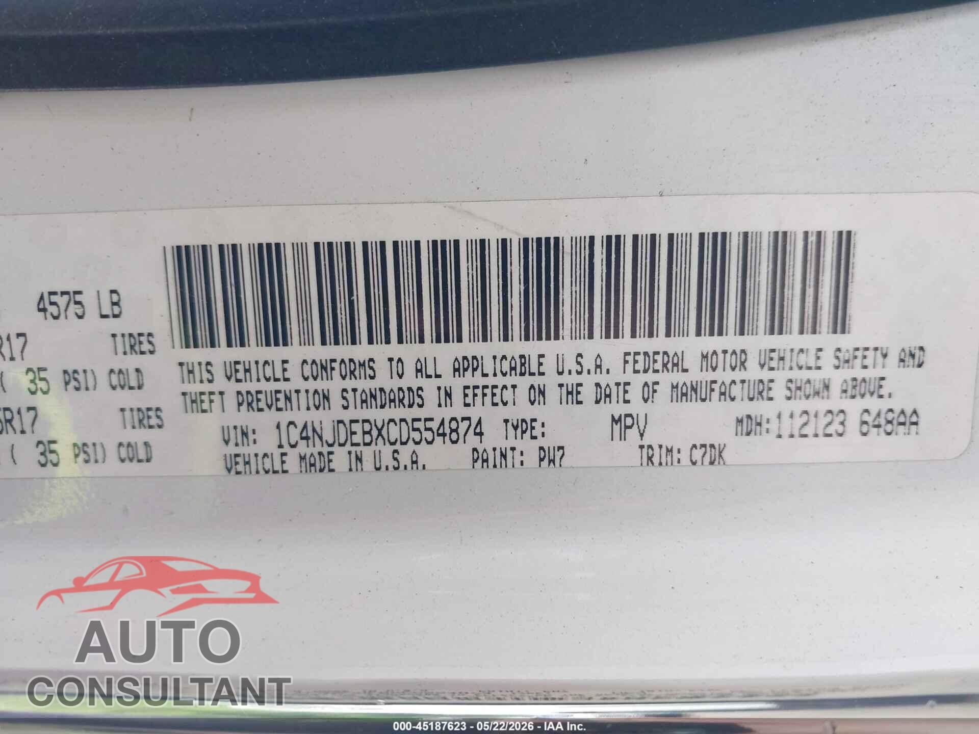 JEEP COMPASS 2012 - 1C4NJDEBXCD554874