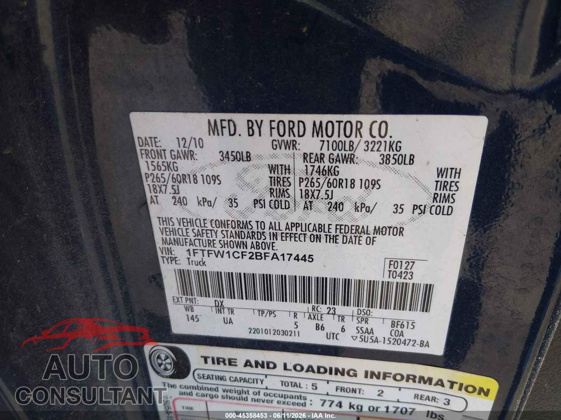 FORD F-150 2011 - 1FTFW1CF2BFA17445