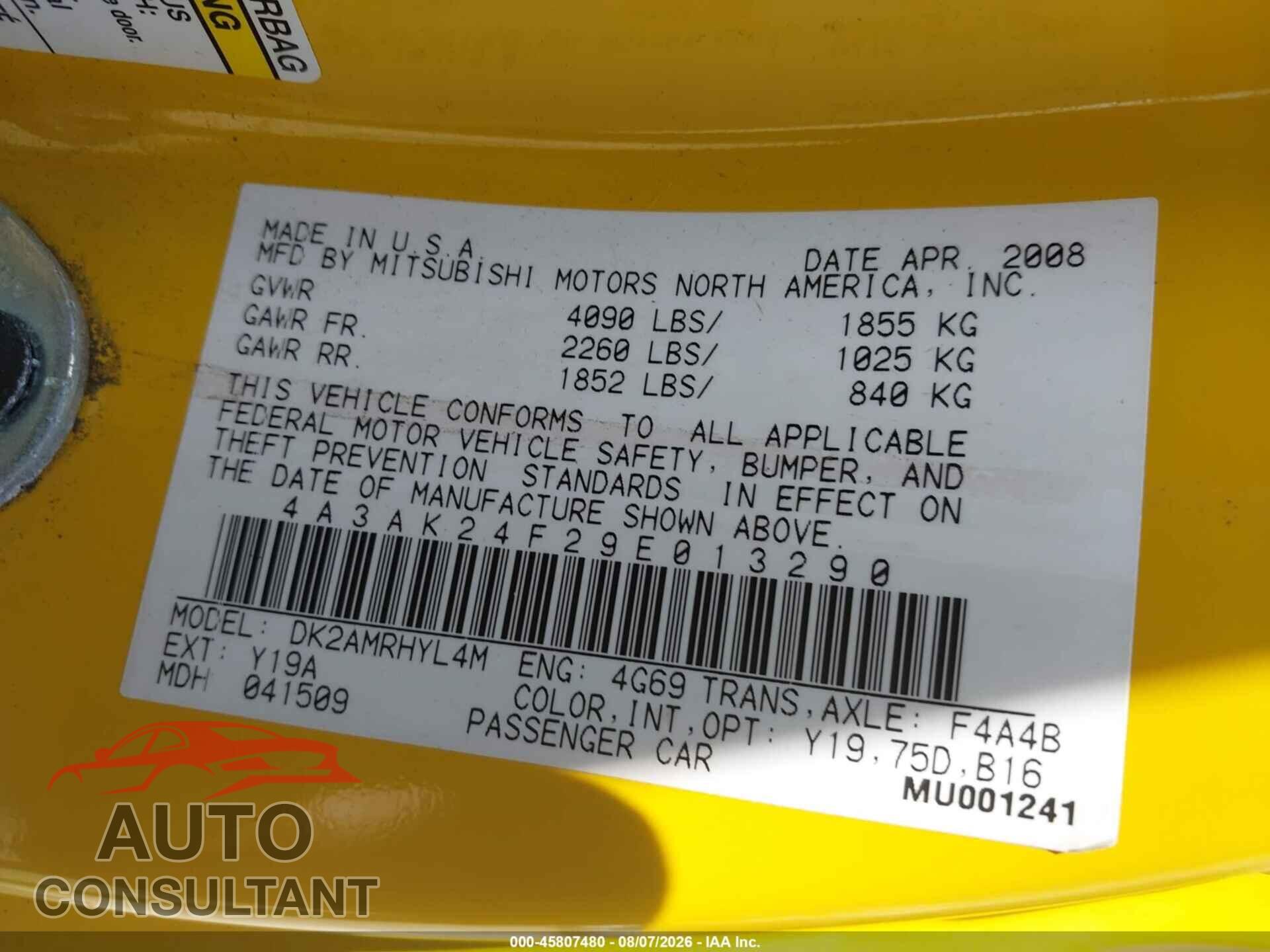 MITSUBISHI ECLIPSE 2009 - 4A3AK24F29E013290