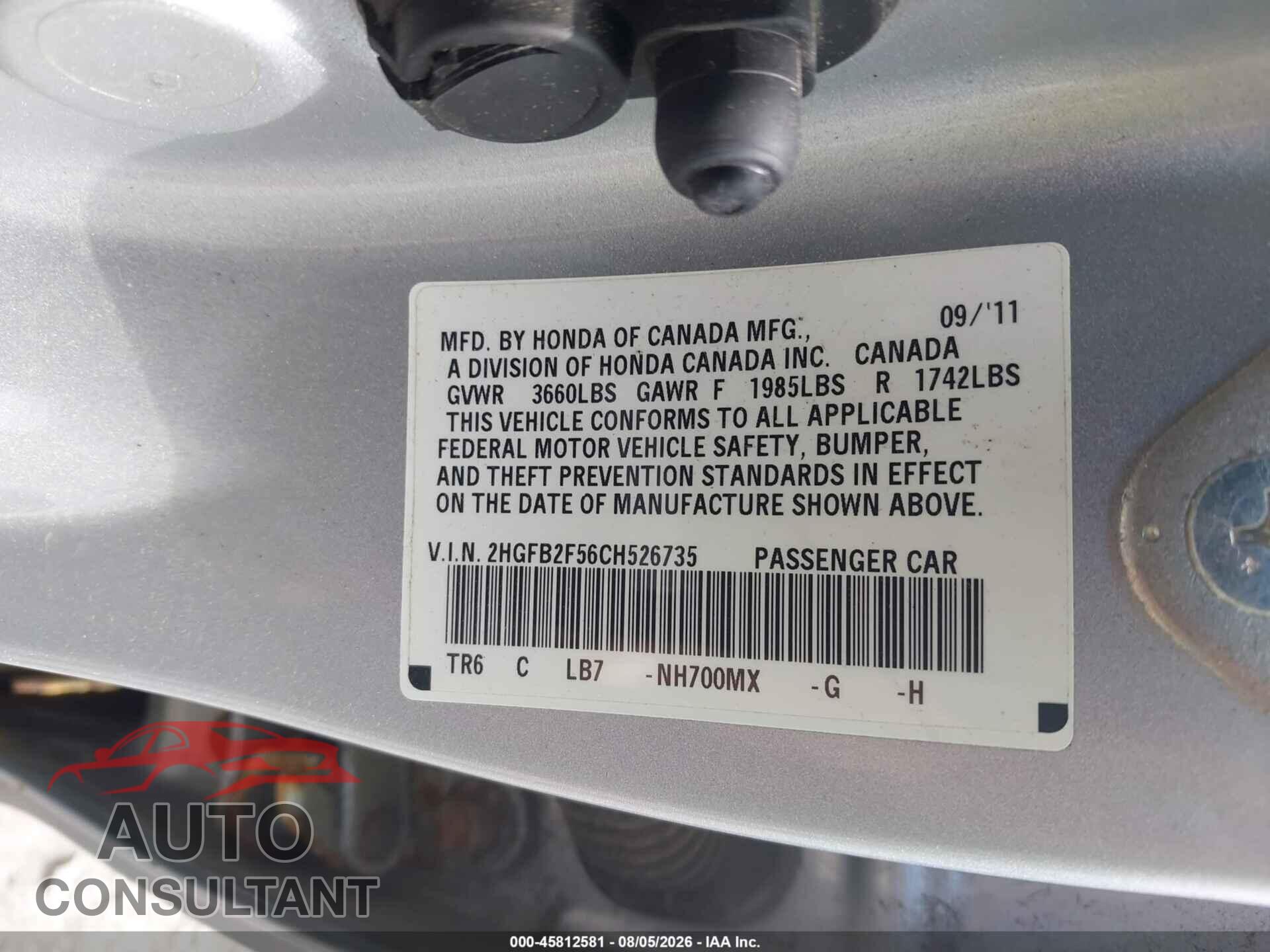 HONDA CIVIC 2012 - 2HGFB2F56CH526735