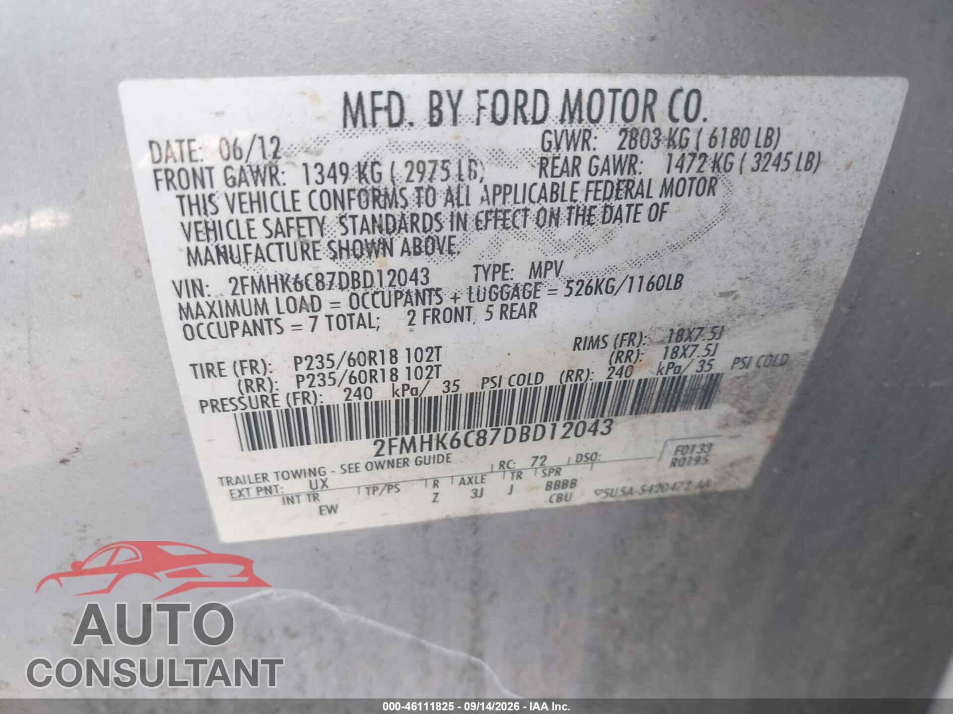 FORD FLEX 2013 - 2FMHK6C87DBD12043