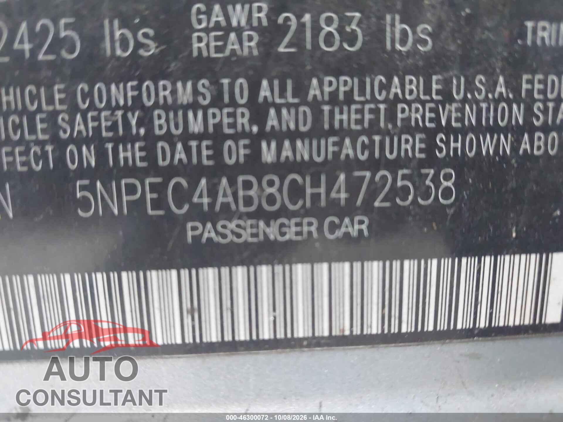 HYUNDAI SONATA 2012 - 5NPEC4AB8CH472538