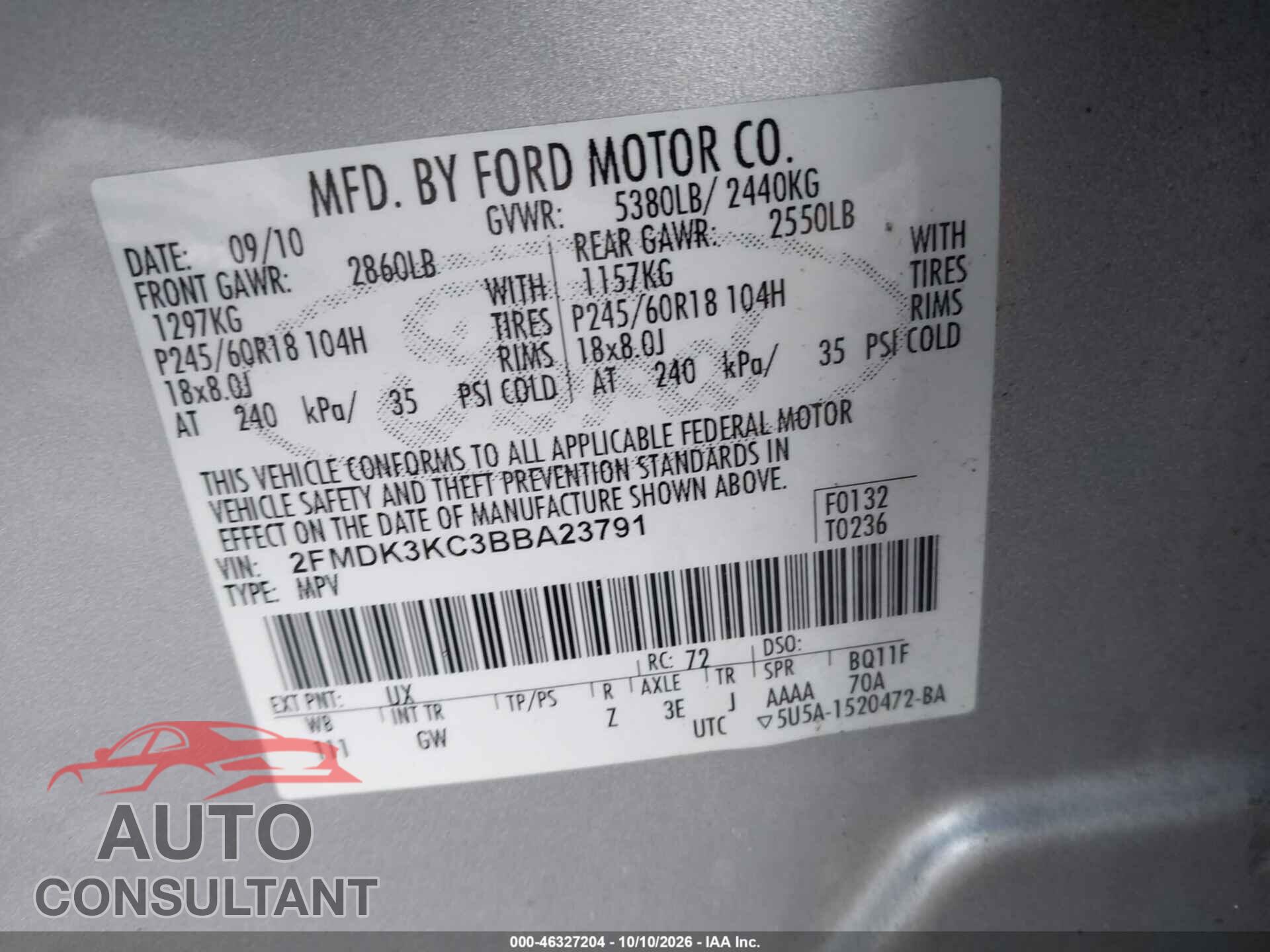 FORD EDGE 2011 - 2FMDK3KC3BBA23791