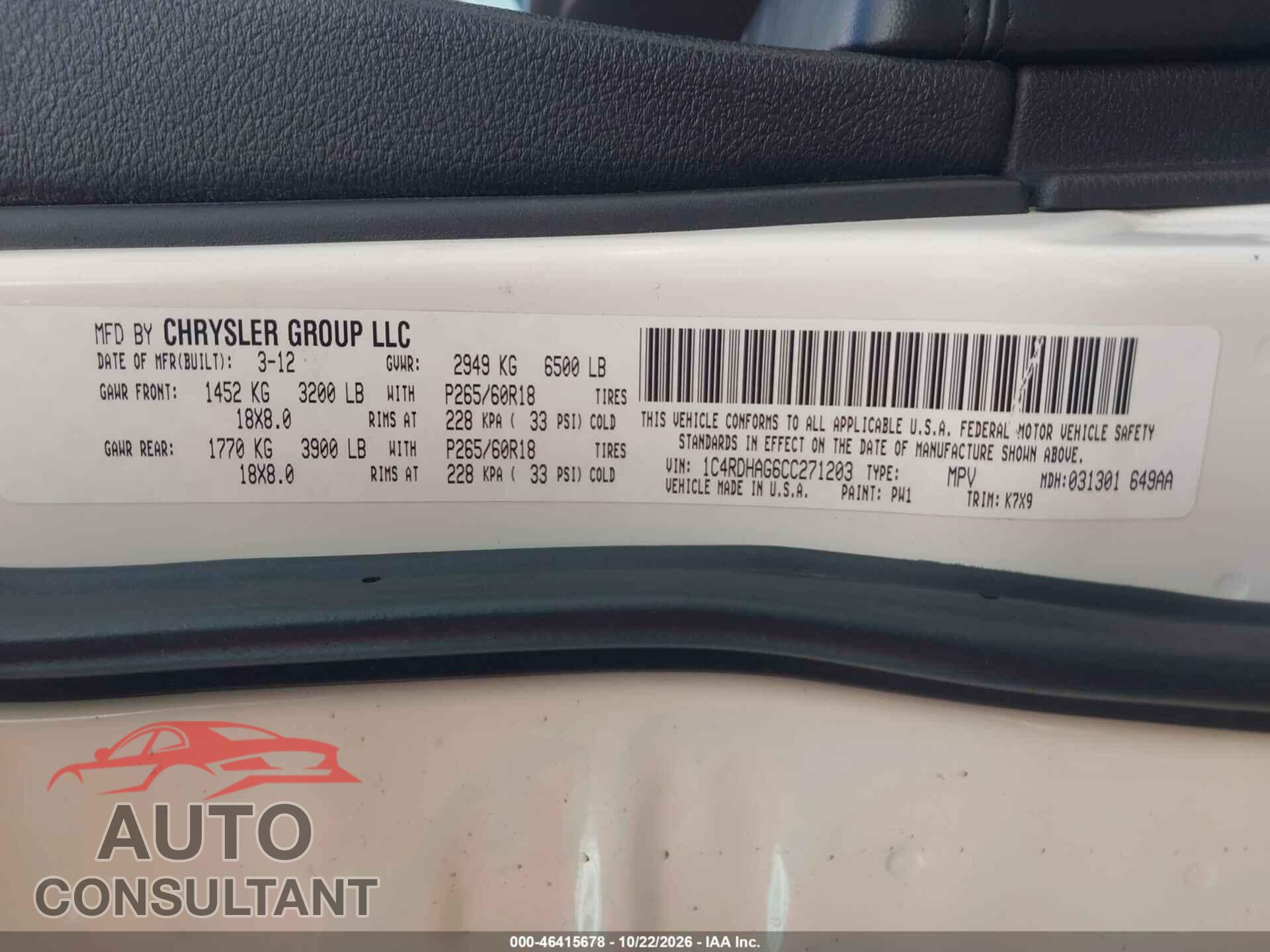 DODGE DURANGO 2012 - 1C4RDHAG6CC271203