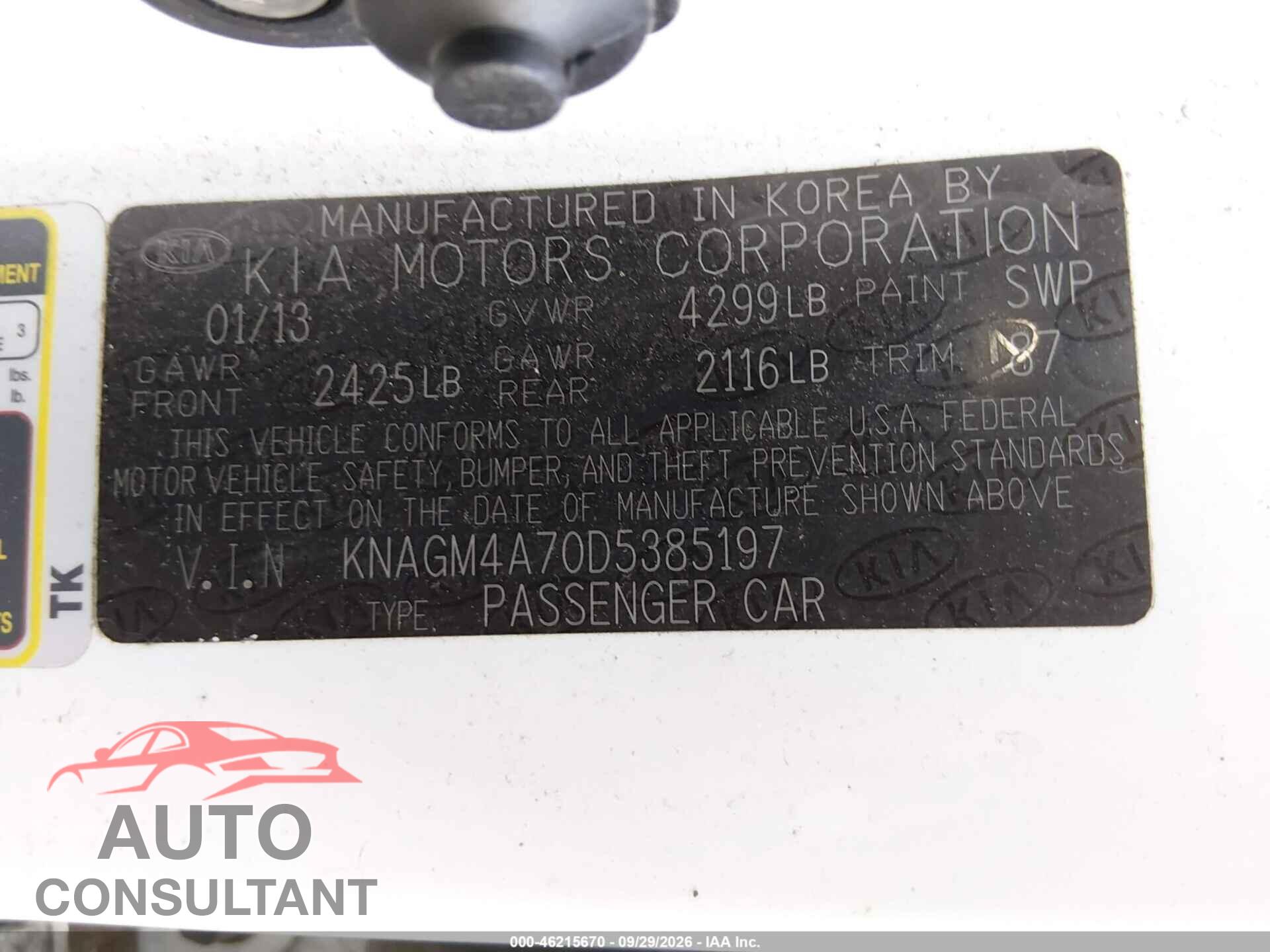 KIA OPTIMA 2013 - KNAGM4A70D5385197