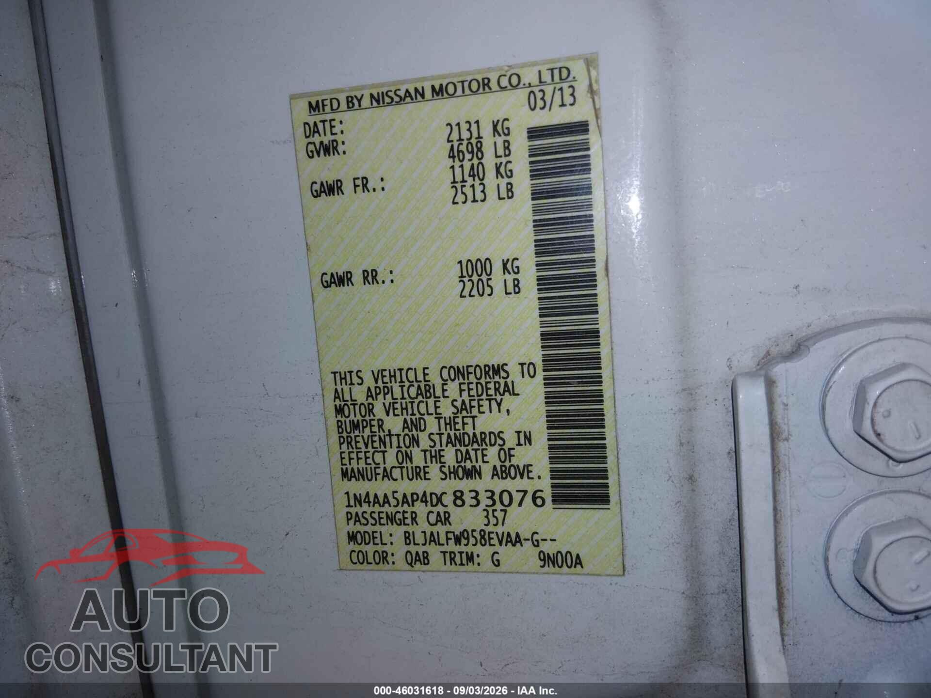 NISSAN MAXIMA 2013 - 1N4AA5AP4DC833076