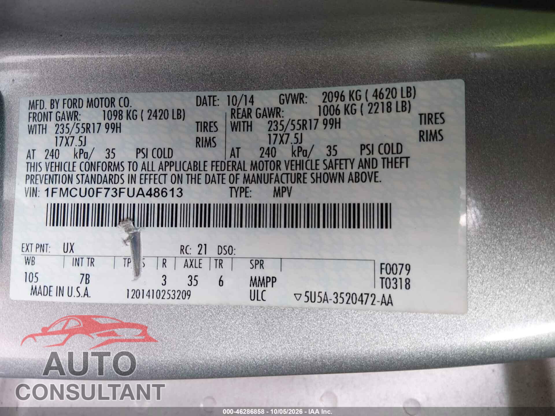 FORD ESCAPE 2015 - 1FMCU0F73FUA48613