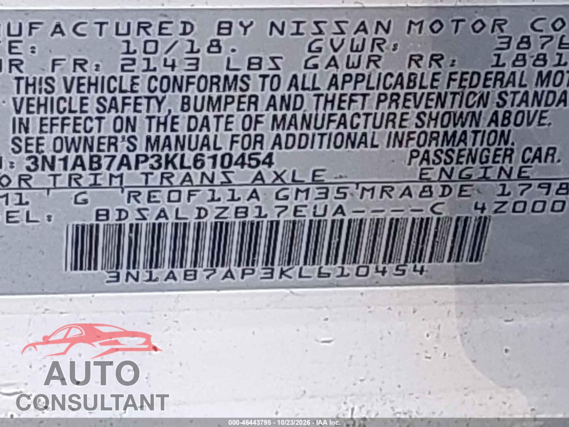 NISSAN SENTRA 2019 - 3N1AB7AP3KL610454