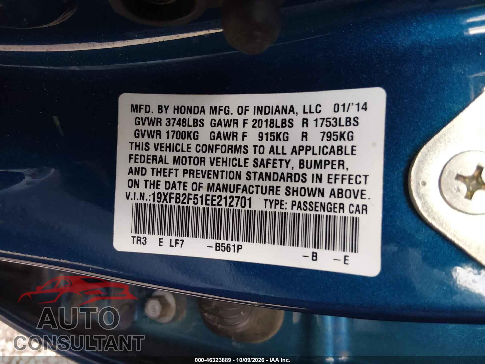 HONDA CIVIC 2014 - 19XFB2F51EE212701