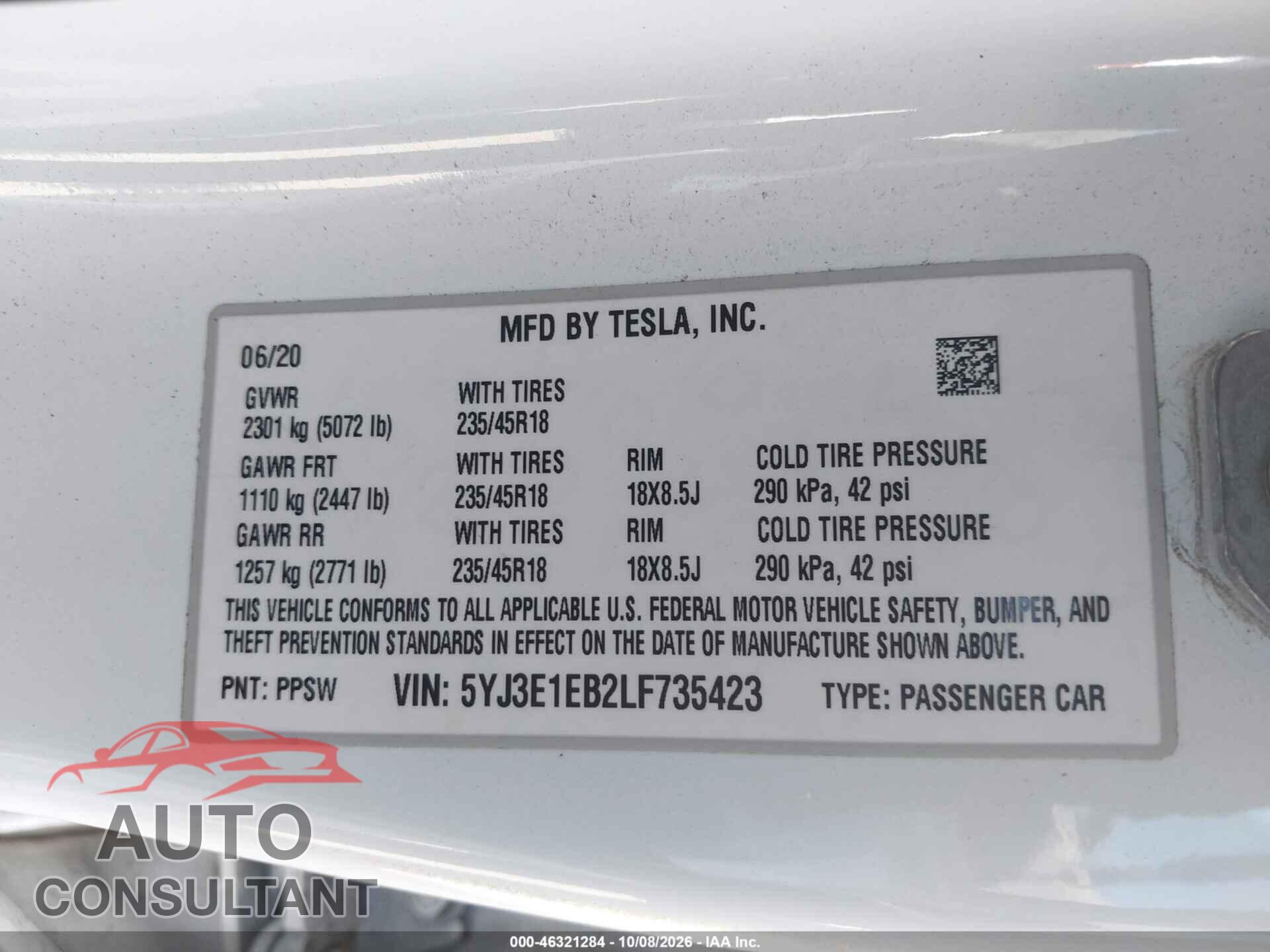 TESLA MODEL 3 2020 - 5YJ3E1EB2LF735423