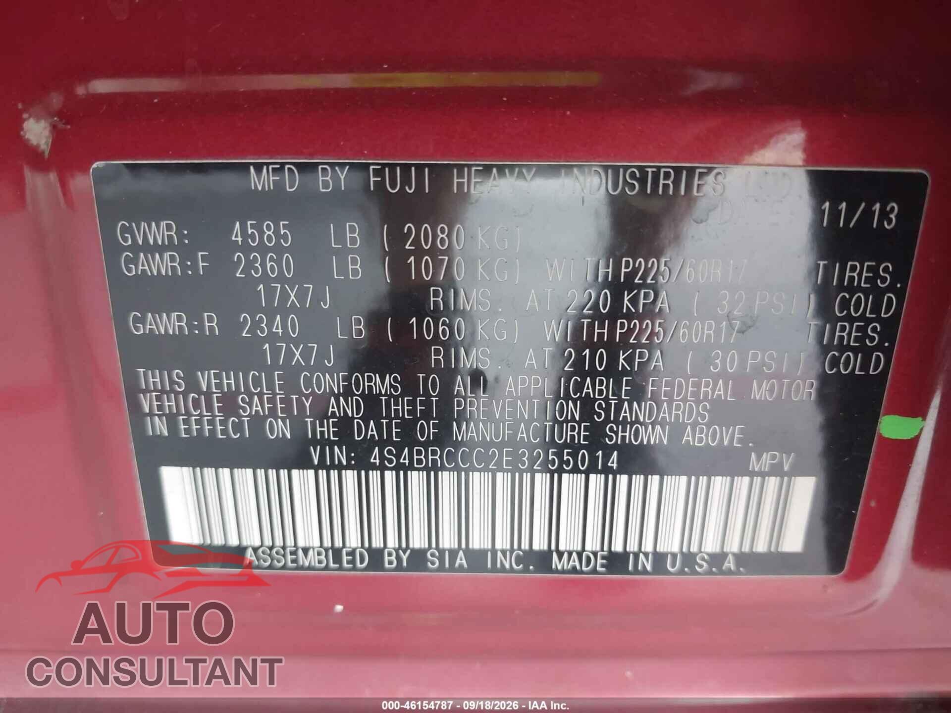 SUBARU OUTBACK 2014 - 4S4BRCCC2E3255014