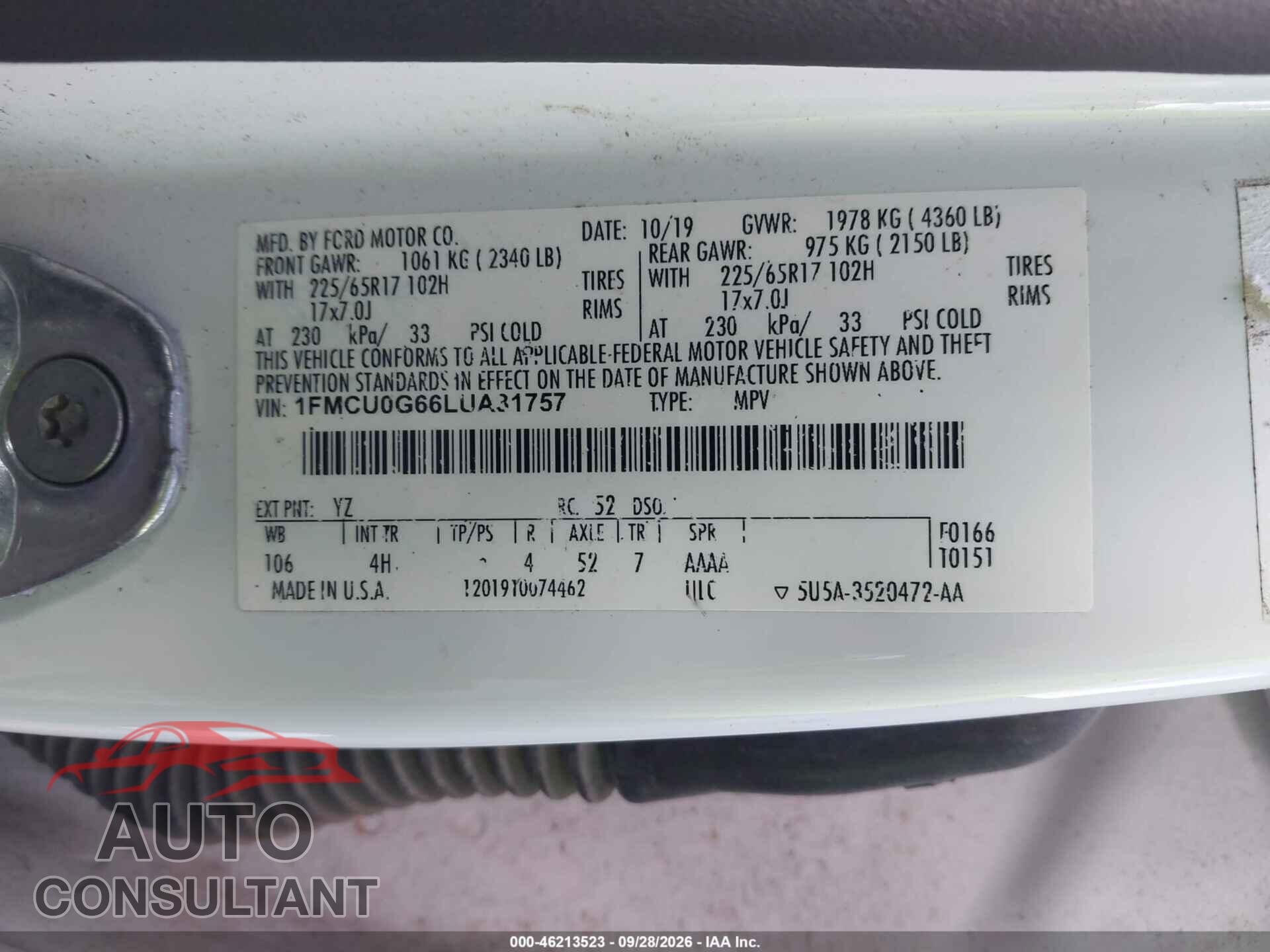 FORD ESCAPE 2020 - 1FMCU0G66LUA31757