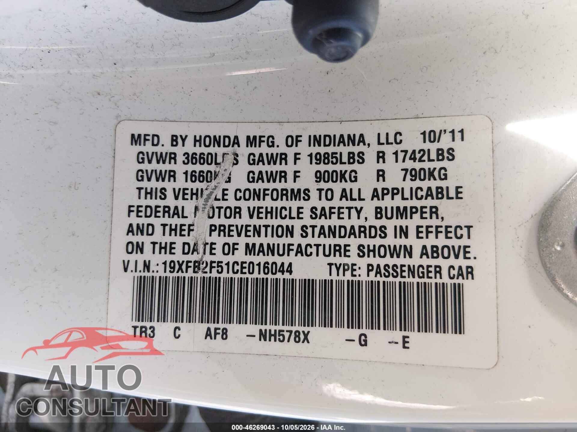 HONDA CIVIC 2012 - 19XFB2F51CE016044