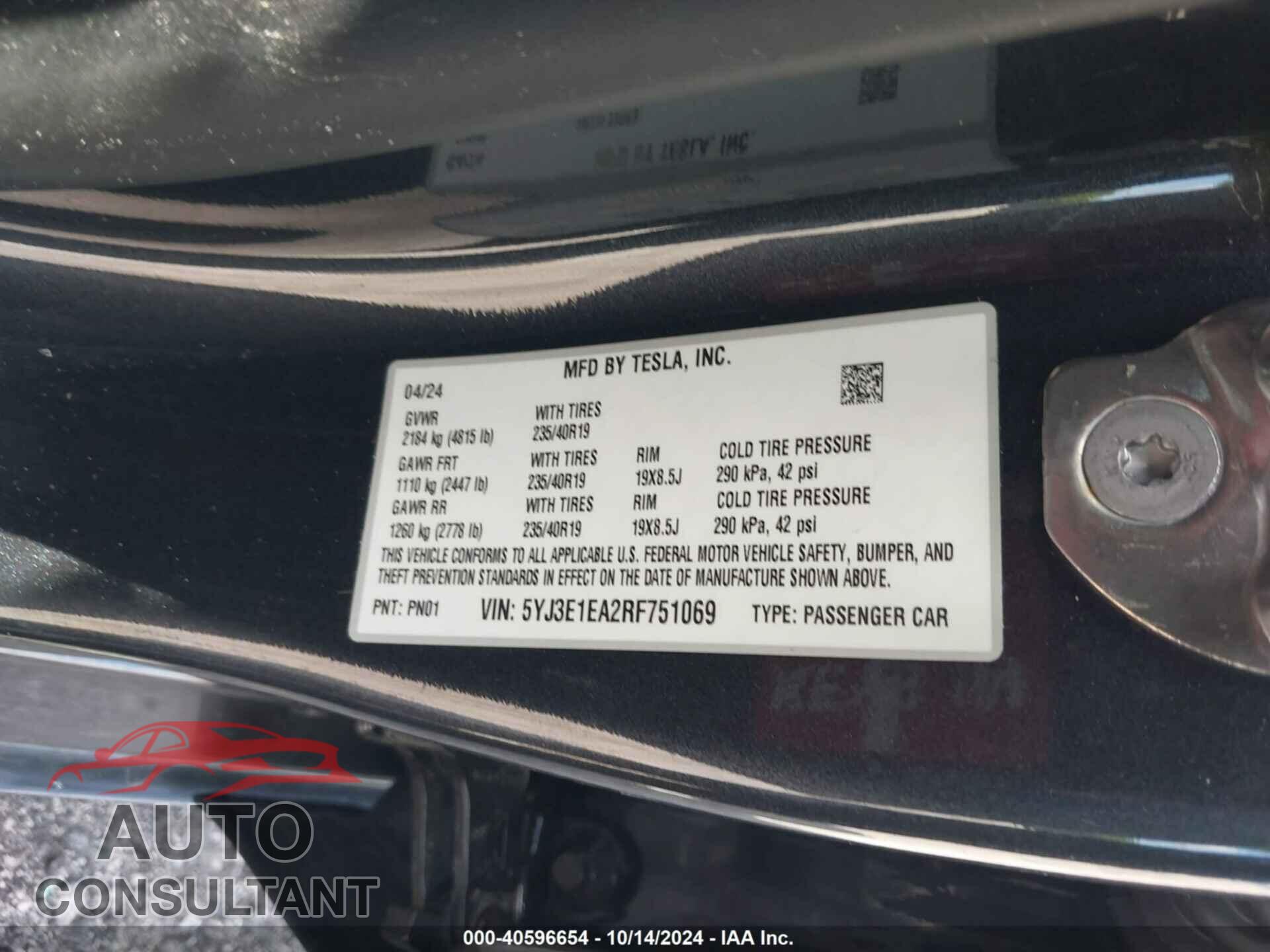 TESLA MODEL 3 2024 - 5YJ3E1EA2RF751069