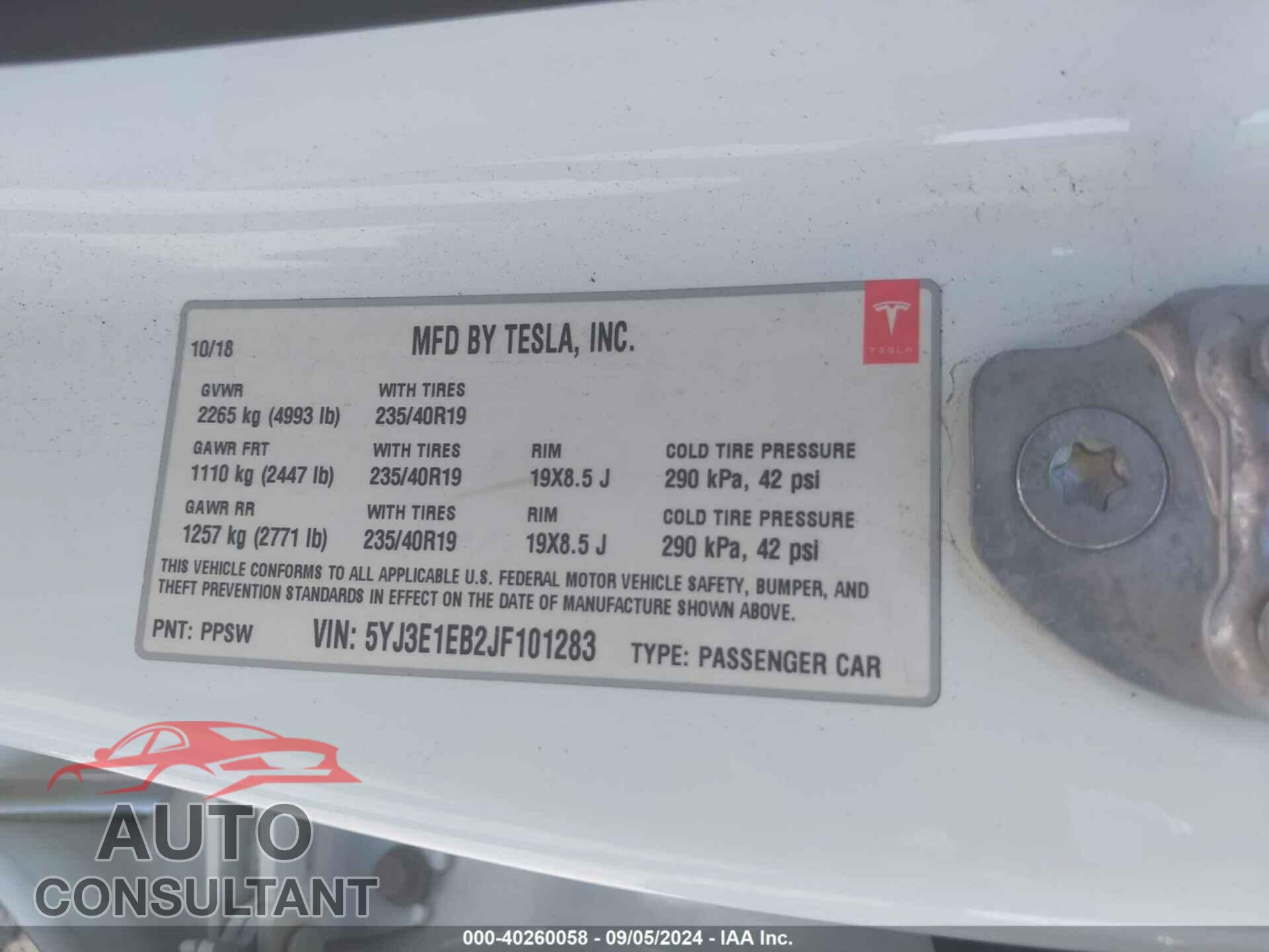 TESLA MODEL 3 2018 - 5YJ3E1EB2JF101283