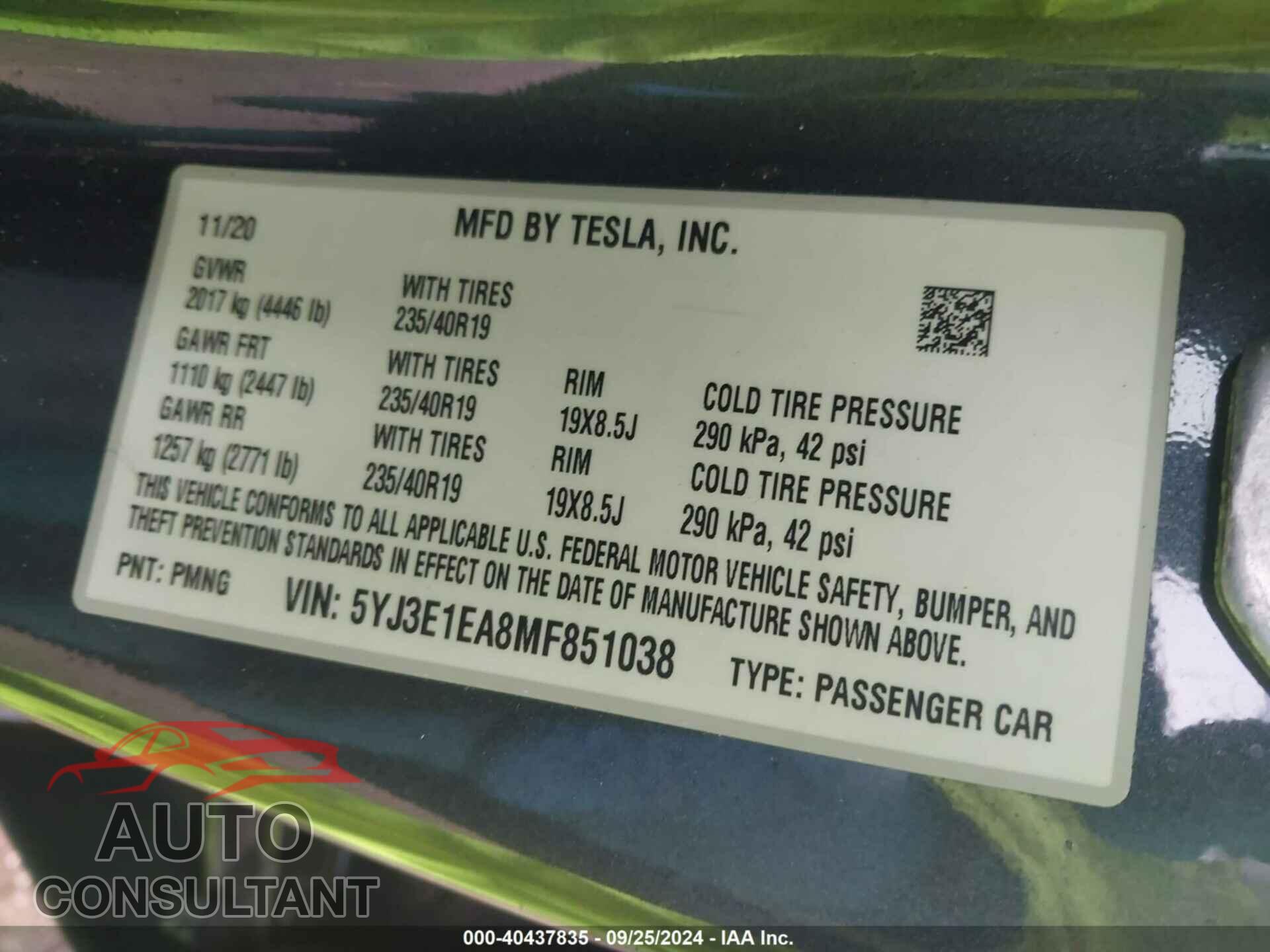 TESLA MODEL 3 2021 - 5YJ3E1EA8MF851038