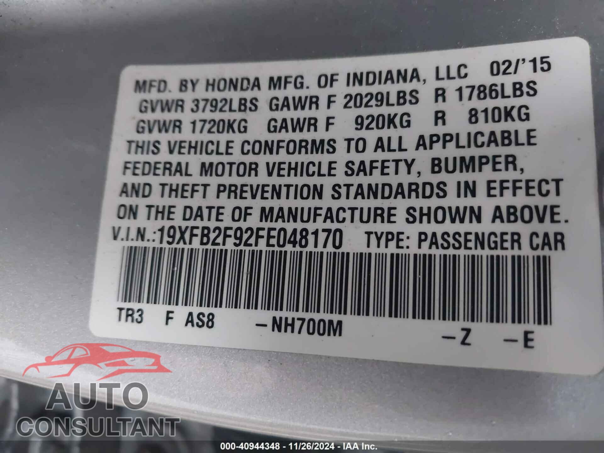 HONDA CIVIC 2015 - 19XFB2F92FE048170