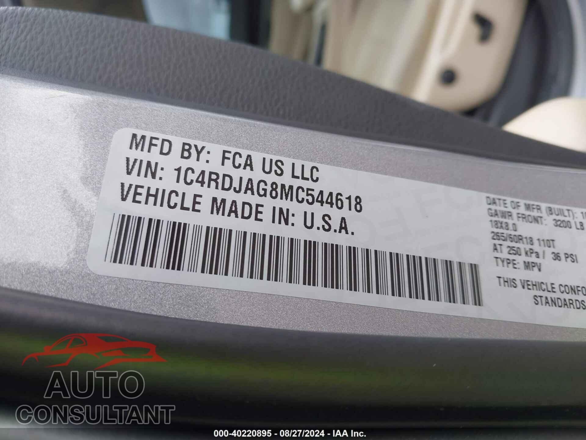 DODGE DURANGO 2021 - 1C4RDJAG8MC544618