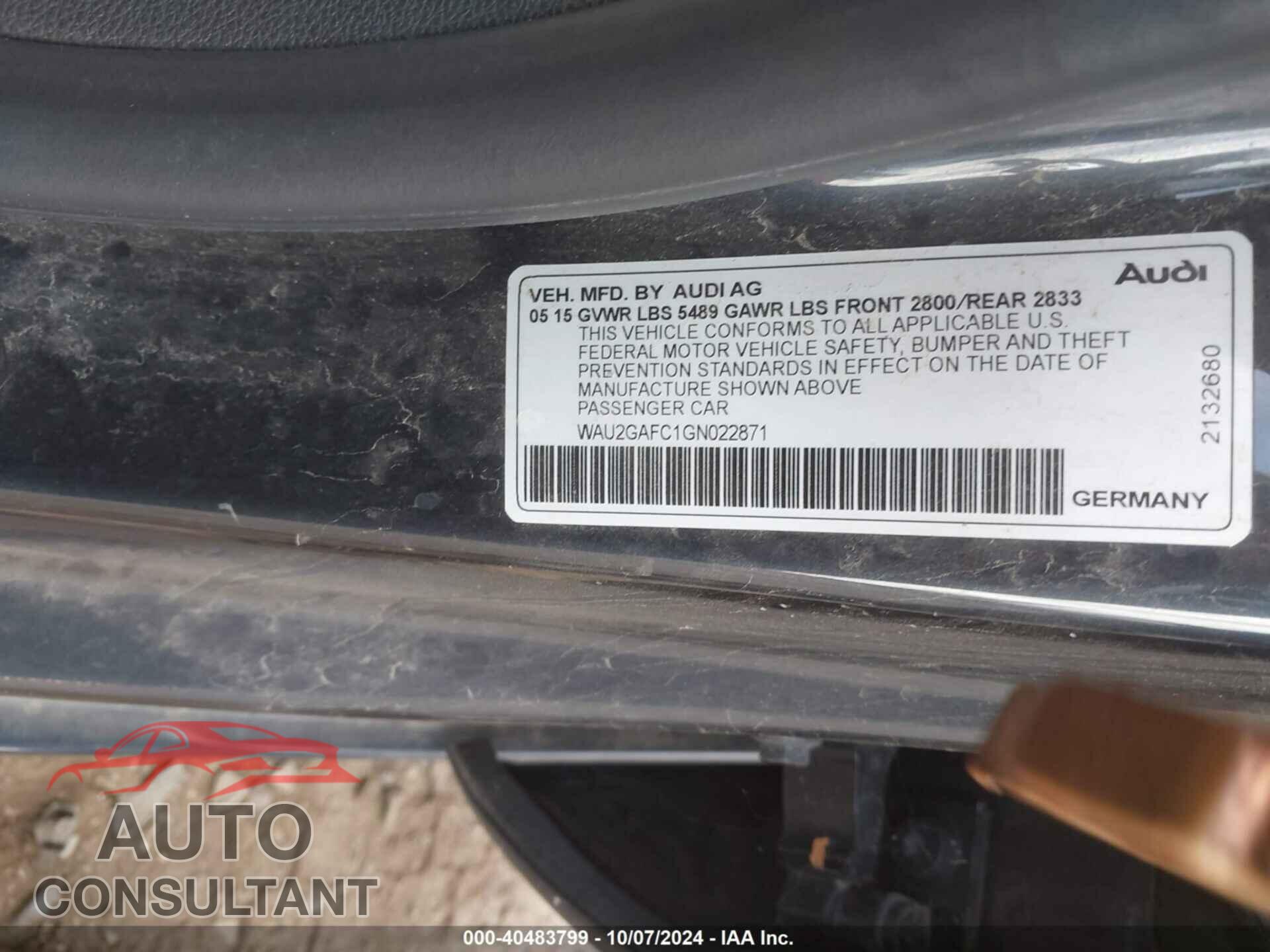 AUDI A7 2016 - WAU2GAFC1GN022871